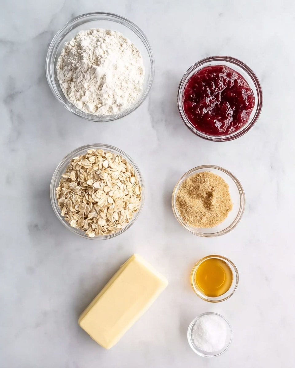 The image shows six small containers and one stick of butter arranged on a white marbled surface. The top left clear glass bowl holds white flour with a powdery texture, while the top right clear glass bowl contains a deep red jam with visible chunks. Below the flour, there is a clear glass bowl filled with light beige rolled oats, showing their flaky texture. Next to the oats, a small clear glass bowl contains light brown sugar with a slightly coarse texture. Below the sugar and oats, there is a rectangular stick of butter with a smooth pale yellow surface placed directly on the white marble. Near the butter, there is a small clear glass cup of golden honey and a very small clear bowl of white salt. The arrangement is neat and spaced evenly on the white marbled surface, showing all ingredients clearly in a top-down view. photo taken with an iphone --ar 4:5 --v 7