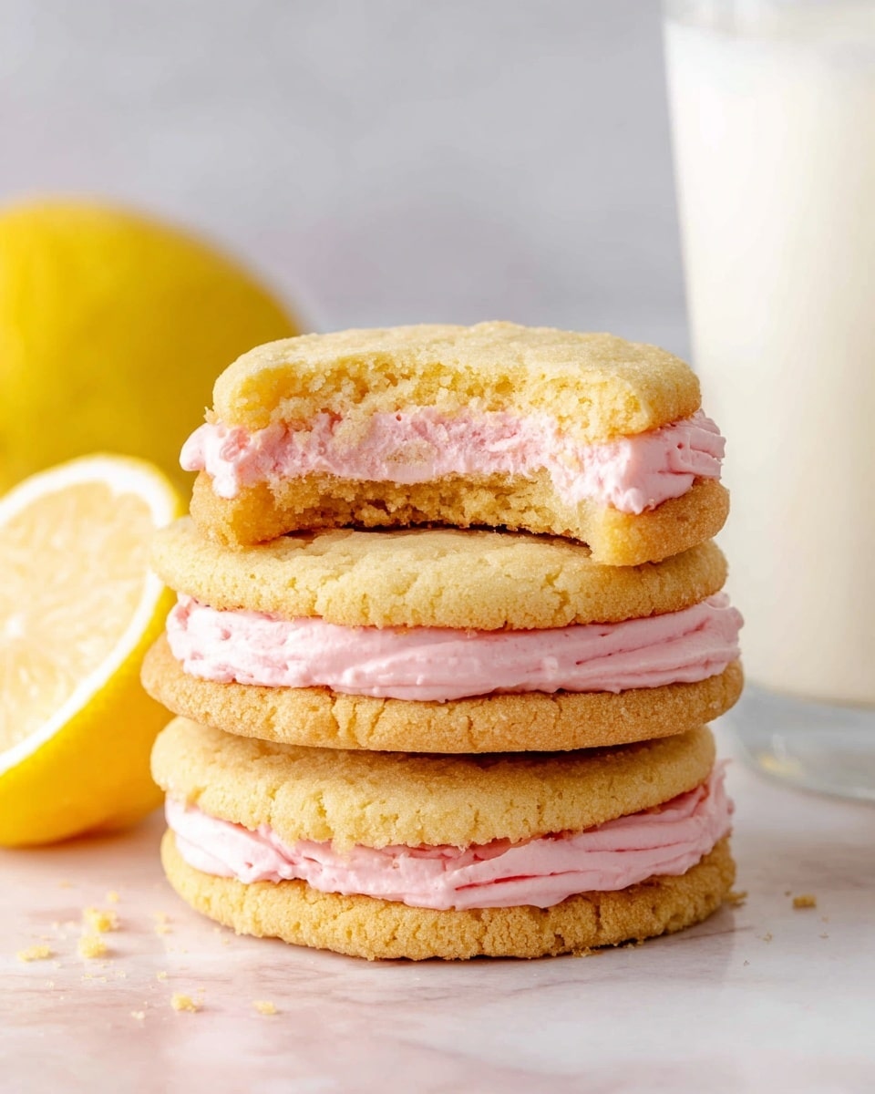 The image shows a stack of three large sandwich cookies with a creamy pink filling between each pair of soft, golden-yellow cookie layers. The top cookie layer has a bite taken out of it, revealing the light, fluffy texture of both the cookie and the pink filling inside. To the left side, there is a halved lemon with bright yellow skin and a white marbled surface underneath all items. In the background, there is a glass of milk with the white marbled texture as the base. The photo is bright with soft, natural light highlighting the smooth creaminess and the slight crumbly look of the cookies. Photo taken with an iphone --ar 4:5 --v 7