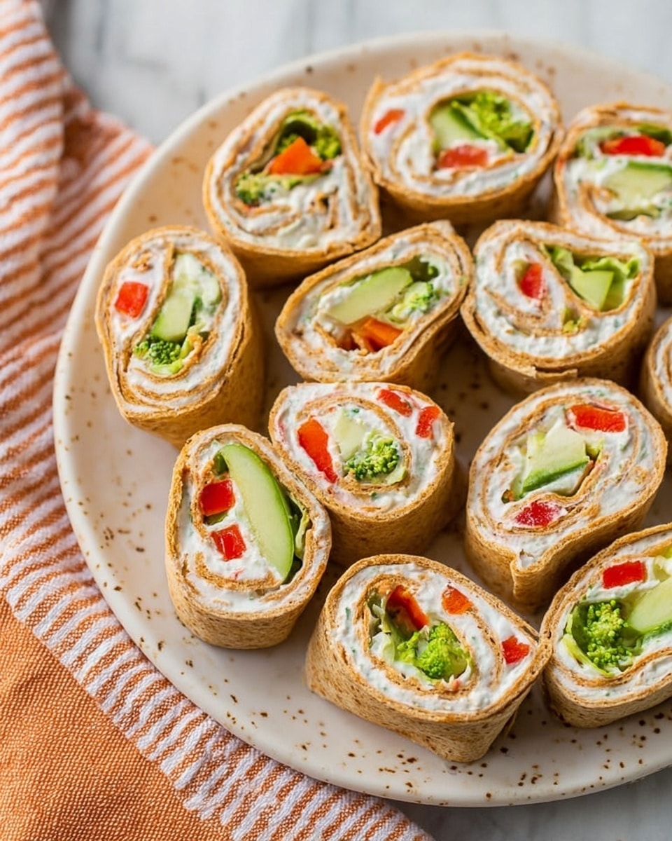 The image shows a white plate with a light speckled pattern, holding rolled wraps cut into pieces. Each wrap has three visible layers: the outer layer is a light brown tortilla, the middle layer is white cream cheese spread evenly, and the inner layer holds fresh veggies including green cucumber sticks, bright red bell pepper bits, and small green broccoli pieces. The wraps are arranged in a scattered circle on a white marbled surface, and a striped orange and white cloth is partially visible beside the plate. photo taken with an iphone --ar 4:5 --v 7
