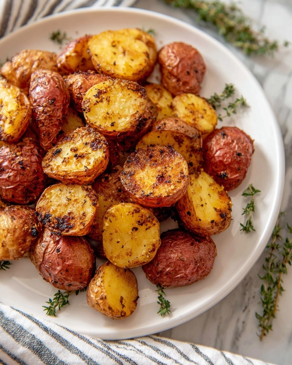 The image shows a white plate filled with roasted baby potatoes cut in half, revealing their golden-brown, crispy surfaces with specks of seasoning and herbs. The potatoes have a rough, textured skin in shades of reddish-brown, contrasting with the soft, bright yellow inside. The plate is garnished with small green herb sprigs placed around the potatoes, and the plate sits on a white marbled surface with part of a striped cloth visible nearby. Photo taken with an iphone --ar 4:5 --v 7