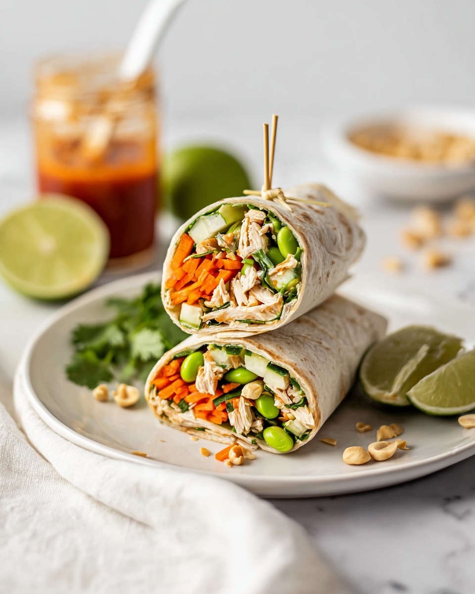 The image shows two halves of a wrap stacked on a white plate, with the top half secured with a thin bamboo skewer. The wrap's outer layer is light beige and soft. Inside, there are several layers of fillings: bright orange carrot sticks, green edamame beans, pale cream-colored shredded chicken pieces, and light green cucumber strips, all mixed with herbs. The plate sits on a white marbled surface, and in the background, there are lime slices, a small bunch of cilantro, a jar of reddish sauce with a white spoon, and a white dish with peanuts. photo taken with an iphone --ar 4:5 --v 7