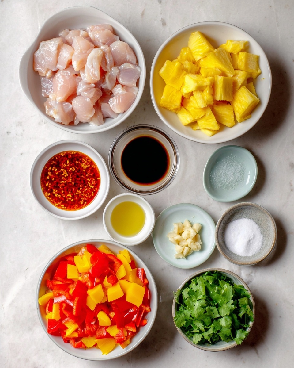 The image shows several white bowls with colorful ingredients on a white marbled surface. In the largest bowl at the center-left, there are pieces of raw light pink chicken in small chunks. At the center-right, a medium bowl holds bright yellow pineapple chunks, and below it, another medium bowl is filled with red and yellow diced bell peppers. Around these larger bowls, there are smaller bowls and containers: one with dark brown soy sauce, one with red chili sauce with visible seeds, a small bowl with a clear light yellow oil, another with a white powder, a small dish with minced garlic, a smaller dish with a pale yellow paste, and a small bowl filled with fresh green cilantro leaves. The setup is neatly arranged, showing a variety of colors and textures. photo taken with an iphone --ar 4:5 --v 7