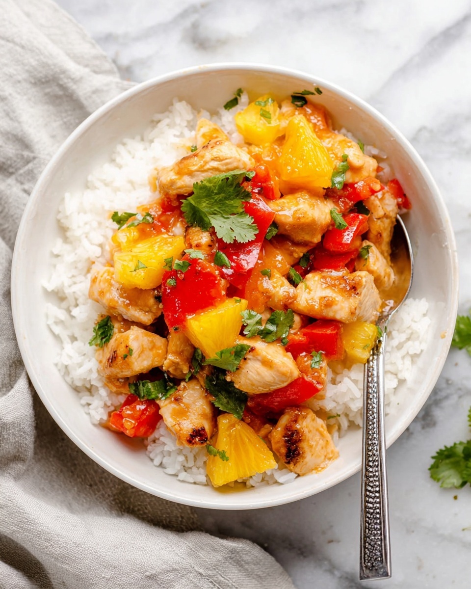 A white bowl filled with a base layer of white rice that looks soft and fluffy, topped with pieces of lightly browned chicken chunks mixed with bright red and yellow bell pepper pieces and yellow pineapple chunks, all coated in a shiny sauce. Green cilantro leaves are sprinkled over the top for color. A silver spoon with a patterned handle rests inside the bowl on the right side. The bowl sits on a white marbled surface with a light gray cloth nearby. Photo taken with an iphone --ar 4:5 --v 7