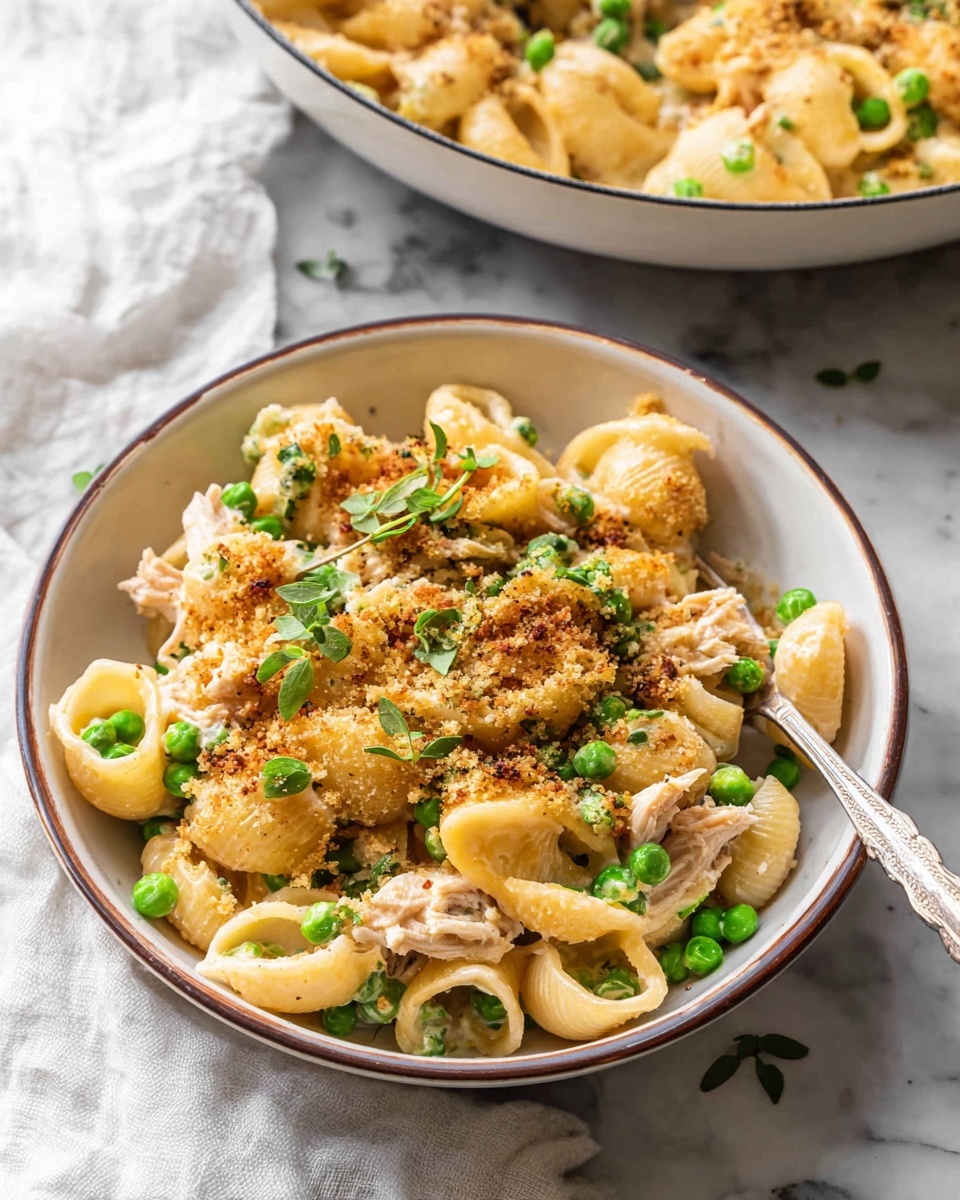 A bowl filled with pasta shells mixed with pieces of light beige cooked chicken, bright green peas scattered throughout, and topped with golden brown breadcrumbs and small green herb leaves. The pasta looks creamy with a slightly browned crispy top layer. A silver fork rests inside the white bowl, which has a thin brown rim. In the background, a white pan with similar pasta is slightly visible, all placed on a white marbled surface with a white cloth on the side. photo taken with an iphone --ar 4:5 --v 7