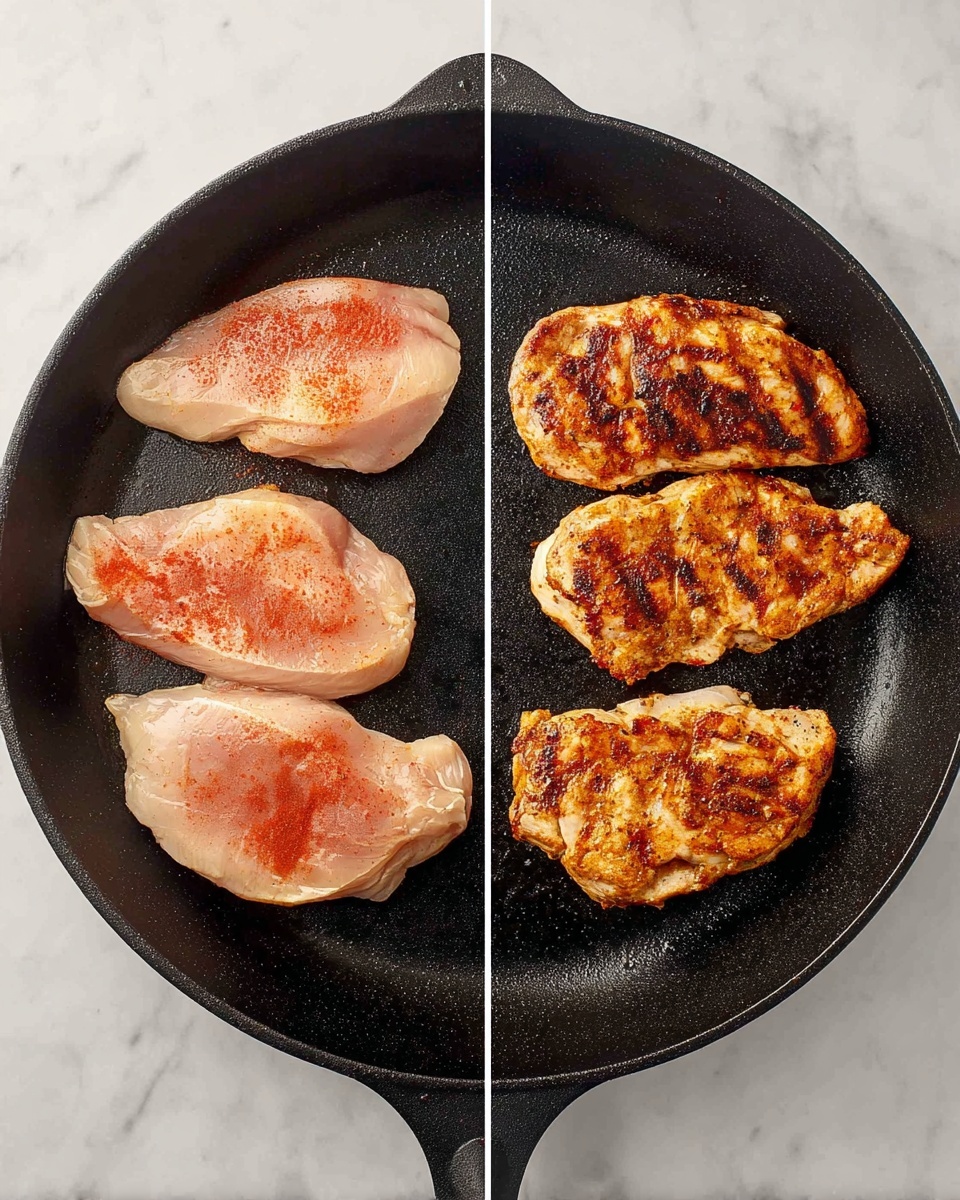 The image shows two side-by-side views of a black cast iron pan on a white marbled surface. The left side has three raw chicken pieces, each evenly spaced in the pan, with a light layer of reddish seasoning on top. The chicken pieces are pale pink with smooth textures. On the right side, the same three chicken pieces are cooked and browned, showing a crispy, golden-brown surface with some darker grill marks. The black pan contrasts with the warm tones of the cooked chicken. photo taken with an iphone --ar 4:5 --v 7