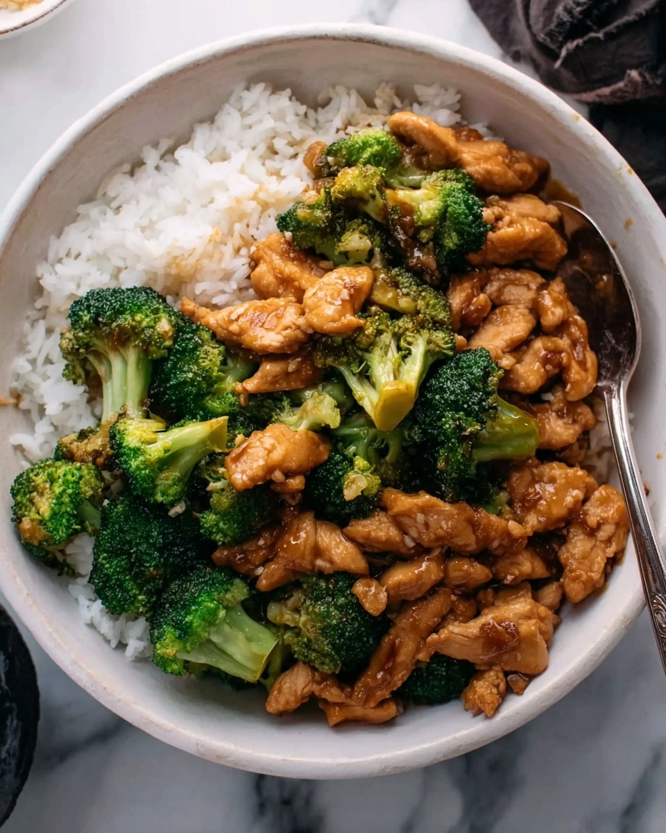 A close-up view of a round white bowl filled with three main layers: the bottom layer is white fluffy rice, spread evenly across the base; on top of the rice is a layer of cooked broccoli florets, bright green with some browning from cooking, scattered in small clusters; covering parts of the broccoli and rice is a portion of brown chicken pieces coated in a glossy sauce, with a slightly thick texture; a spoon rests inside the bowl on the right side, partially submerged in the rice and chicken; the bowl sits on a white marbled surface with blurred dark and light objects around. Photo taken with an iphone --ar 4:5 --v 7