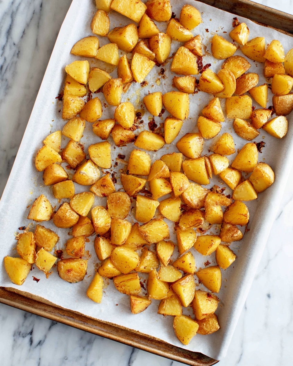 A baking tray lined with white parchment paper holds many small pieces of roasted potatoes. The potatoes are in uneven chunks with a golden yellow color and a slightly crispy brown surface in places. They are scattered across the tray in a single layer, showing a mix of round and angled edges. The tray is set on a white marbled surface. photo taken with an iphone --ar 4:5 --v 7