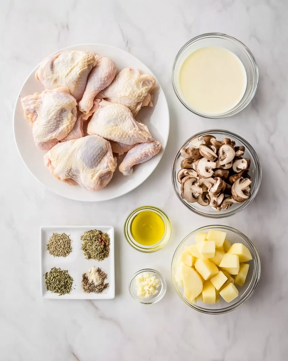 The image shows a white plate with seven pieces of raw chicken with skin on it, placed in the upper left area. Around the plate, there are several clear glass bowls: a bowl with heavy cream in the top right, a bowl with light yellow broth below it, a bowl filled with rough chopped brown mushrooms to the right middle, a bowl with peeled and chopped potatoes in cubed shapes at the bottom right, a small bowl with a little olive oil directly below the chicken plate, and a small bowl with minced garlic to the right of the olive oil. There is also a white square plate with five sections of different dried herbs and spices placed in the lower left center. The whole setup is on a white marbled surface, and the photo taken with an iphone --ar 4:5 --v 7