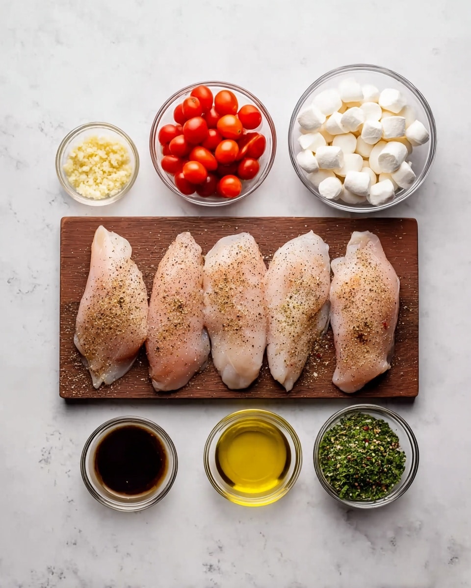 The image shows four raw chicken fillets evenly spaced in a row on a small brown wooden board, each seasoned with black pepper. Around the board, there are several small glass bowls containing different ingredients: one bowl with halved red cherry tomatoes at the top center, another with small white mozzarella balls on the right, one with green finely chopped herbs on the bottom right, a small bowl with golden yellow olive oil next to the herbs, and a bowl with a dark balsamic-like sauce on the bottom left. On the upper left, there are four smaller glass bowls holding minced garlic, a pale yellow sauce, black pepper, and salt in a neat layout. The background is a white marbled texture. Photo taken with an iphone --ar 4:5 --v 7