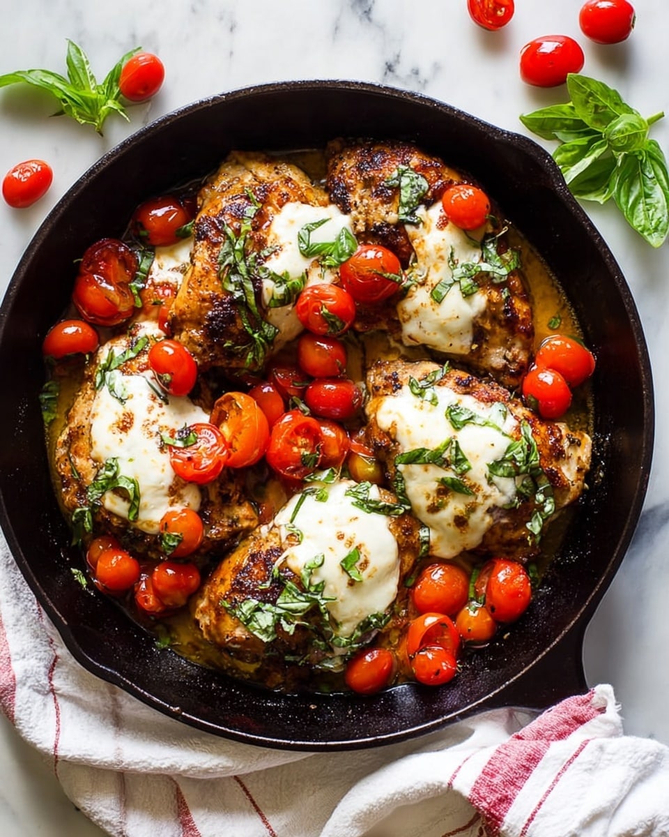 A black cast iron pan filled with four browned chicken pieces, each topped with melted white cheese patches. Scattered around and on top of the chicken are bright red cherry tomatoes, some whole and some slightly softened. Fresh green basil leaves are sprinkled over the dish, adding color and freshness. The pan sits on white marbled surface with a white cloth that has red stripes underneath it. A few loose cherry tomatoes and green basil leaves are placed beside the pan photo taken with an iphone --ar 4:5 --v 7