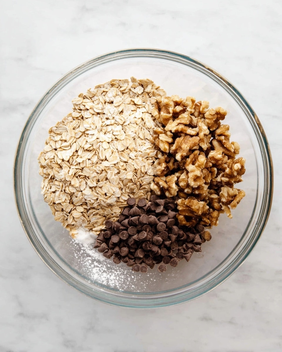 A clear glass bowl holds four separate piles of ingredients on a white marbled surface. The largest pile, light beige rolled oats, covers almost half the bowl. To its right, chopped walnuts form a rough, chunky cluster with warm brown tones. Below the walnuts, shiny dark brown mini chocolate chips gather in a small pile. A small dusting of white powder, likely baking soda or salt, is visible near the oats and walnuts. The bowl and ingredients are well lit, framed from above, showing textures clearly. Photo taken with an iphone --ar 4:5 --v 7