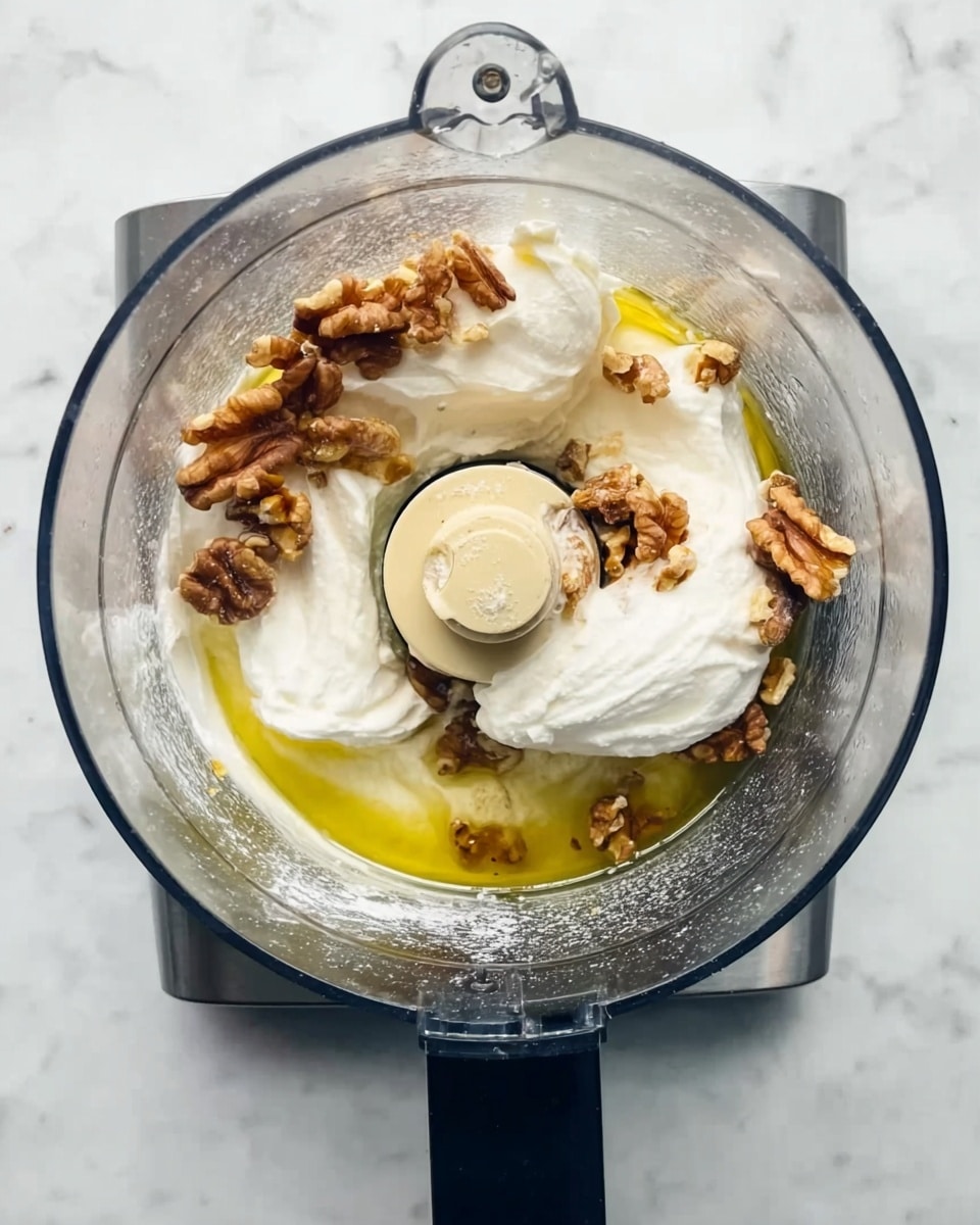 The image shows a clear food processor bowl containing a few dollops of white thick cream layered on top of a small amount of yellowish oily liquid. Scattered around and partly embedded in the cream are several small brown pieces of walnuts with a rough texture. The food processor is set on a white marbled surface, creating a clean and bright background. A woman's hand is not visible in the scene. Photo taken with an iphone --ar 4:5 --v 7