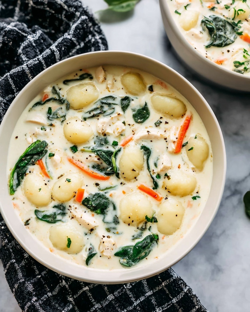A close-up of creamy soup in a white bowl shows many soft gnocchi pieces floating on the top layer, giving a light yellow color with a smooth texture. Mixed in this layer are bright green spinach leaves and thin orange carrot strips, adding fresh and colorful touches. Small chunks of light-colored chicken pieces are spread evenly throughout the creamy white liquid base. Tiny green herbs and specks of black pepper are sprinkled on top, adding detail and contrast. The bowl sits on a white marbled surface, with a black and white checkered cloth draped casually nearby. photo taken with an iphone --ar 4:5 --v 7