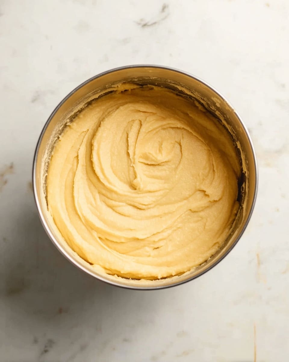 A round metal mixing bowl filled with smooth, light yellow cake batter with soft swirls on the surface. The bowl is placed on a white marbled surface. photo taken with an iphone --ar 4:5 --v 7