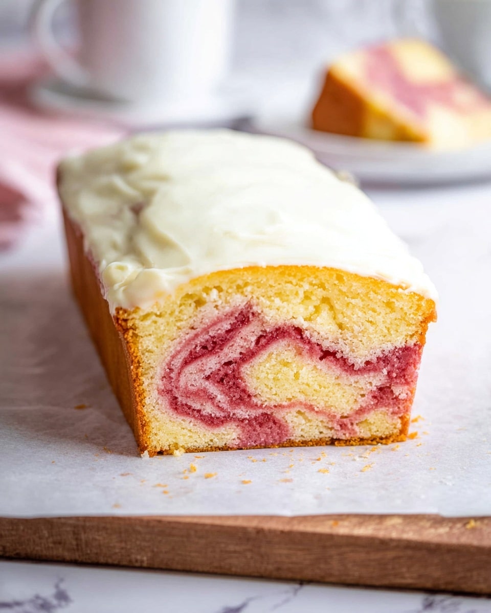 The image shows a close-up of a sliced loaf cake with two visible layers inside: a dense pink layer swirling through a soft yellow layer. The top of the cake is covered with a thick, even layer of smooth white icing. The cake sits on white parchment paper that is placed on a wooden board, with a white marbled surface beneath. In the blurred background, there is a white cup and plate along with a small treat on a white plate. The focus is clearly on the cake’s texture and color contrast between the pink and yellow layers photo taken with an iphone --ar 4:5 --v 7