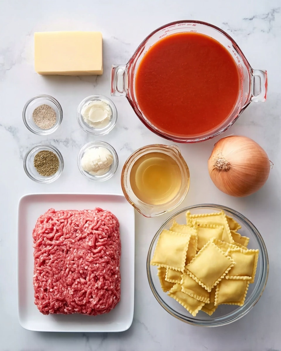 The image shows several ingredients neatly arranged on a white marbled surface. At the bottom left, there is a white square plate holding a rectangular layer of raw ground meat in pink and red shades. To the right of the meat, a small clear bowl with square-shaped ravioli in pale yellow sits next to a glass measuring cup filled with light brown broth. Above these, a large clear bowl is filled with smooth red tomato sauce. To the top right, there is a whole light brown onion, and next to it are small clear bowls containing peeled garlic cloves, mixed white and green spices, and salt. On the top left, a block of pale yellow cheese sits beside a small clear container of olive oil. Everything is placed with enough space between items, keeping a clean and organized look. Photo taken with an iphone --ar 4:5 --v 7