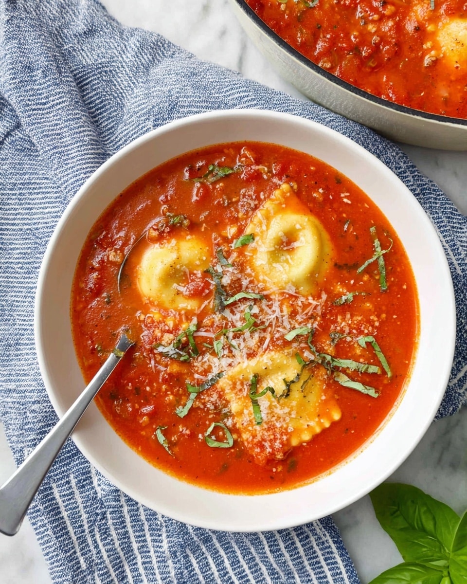 A white bowl is filled with bright red tomato soup that has small bits of meat and herbs mixed in. Inside the soup, there are three light yellow ravioli pieces floating on top, showing a soft and smooth texture. The soup is sprinkled with finely grated white cheese and thin green strips of fresh basil scattered over the surface. A silver spoon rests inside the bowl on the left side. The bowl is placed on a blue and white striped cloth over a white marbled surface, with part of a green basil leaf visible in the bottom right corner. Behind the bowl, a white pan filled with the same soup with ravioli is partially shown. Photo taken with an iphone --ar 4:5 --v 7