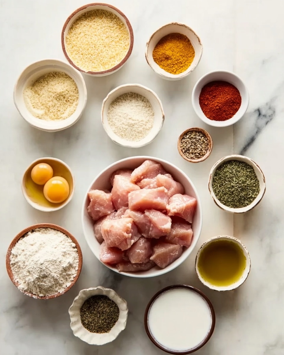 The image shows a top view of ingredients arranged neatly on a white marbled surface. In the center is a white bowl filled with raw, pink chicken chunks. Around the bowl are smaller white and brown bowls containing various powders and seeds: light yellow breadcrumbs, white flour, brown and black cumin seeds, dried green herbs, red paprika powder, fine yellow powder, a pinch of salt, and golden olive oil. There are also two eggs and a bowl of white liquid, likely buttermilk, positioned around the chicken. The whole setup looks clean and organized, ready for cooking. Photo taken with an iphone --ar 4:5 --v 7