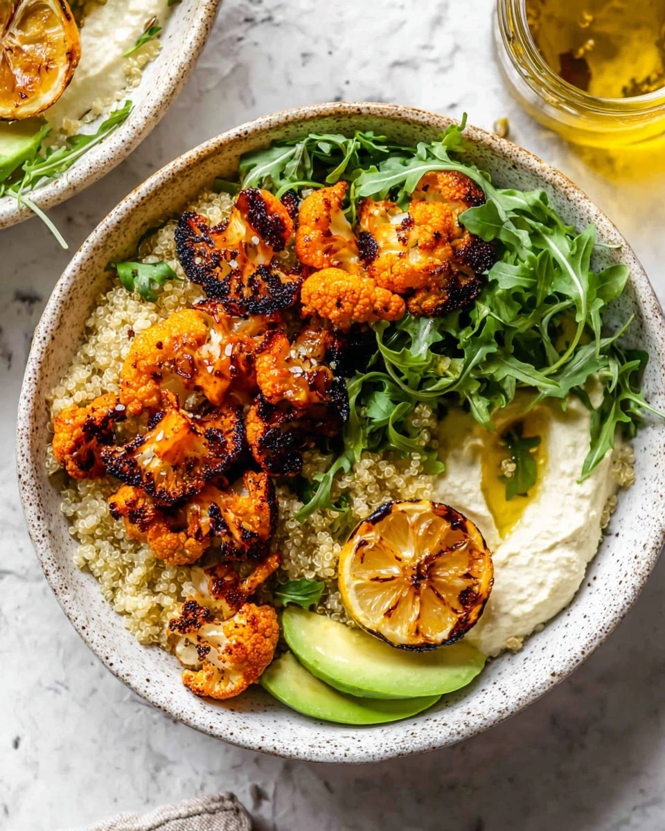 In a white speckled bowl, the base layer is a creamy white spread forming a thick circle along the bottom edge. On top of this is a layer of light-colored quinoa with a fluffy texture spread across the middle. Next, charred orange cauliflower florets with blackened edges are scattered generously over the quinoa, adding a vibrant, roasted look. Bright green arugula leaves are placed unevenly around the bowl, adding freshness. There is a small grilled lemon half, golden-brown with char marks, positioned on one side near two green avocado slices with a smooth texture. The bowl is set against a white marbled surface, and a jar of golden oil is partially visible at the top right corner. photo taken with an iphone --ar 4:5 --v 7