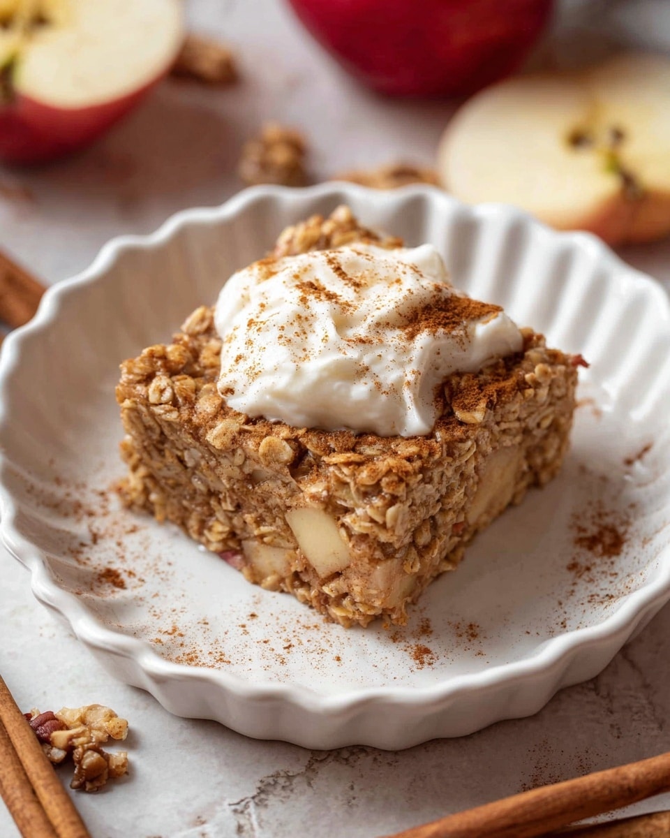 A single square piece of baked oatmeal with visible small chunks of red apple mixed throughout its light brown, textured oat base sits centered on a white scalloped plate. On top of the oatmeal is a thick dollop of white cream sprinkled lightly with fine brown cinnamon powder. Around the plate and blurred in the background are small crumbs and pieces of apple, with part of a sliced apple and cinnamon sticks nearby, all set on a white marbled textured surface. photo taken with an iphone --ar 4:5 --v 7