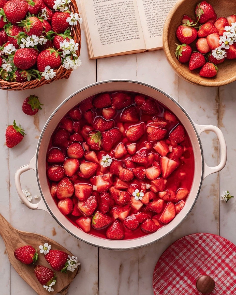 A large white pot filled with chopped bright red strawberries mixed with their juice takes the center. To the top left of the pot, a basket is full of whole fresh red strawberries with green tops, decorated with small white flowers. Scattered around the pot are a few whole and halved strawberries along with more small white flowers. At the top right corner, an open book lies on the white marbled surface with a wooden bowl holding whole and halved strawberries placed on it, next to a red and white checkered lid. The scene is set on a white marbled texture. photo taken with an iphone --ar 4:5 --v 7