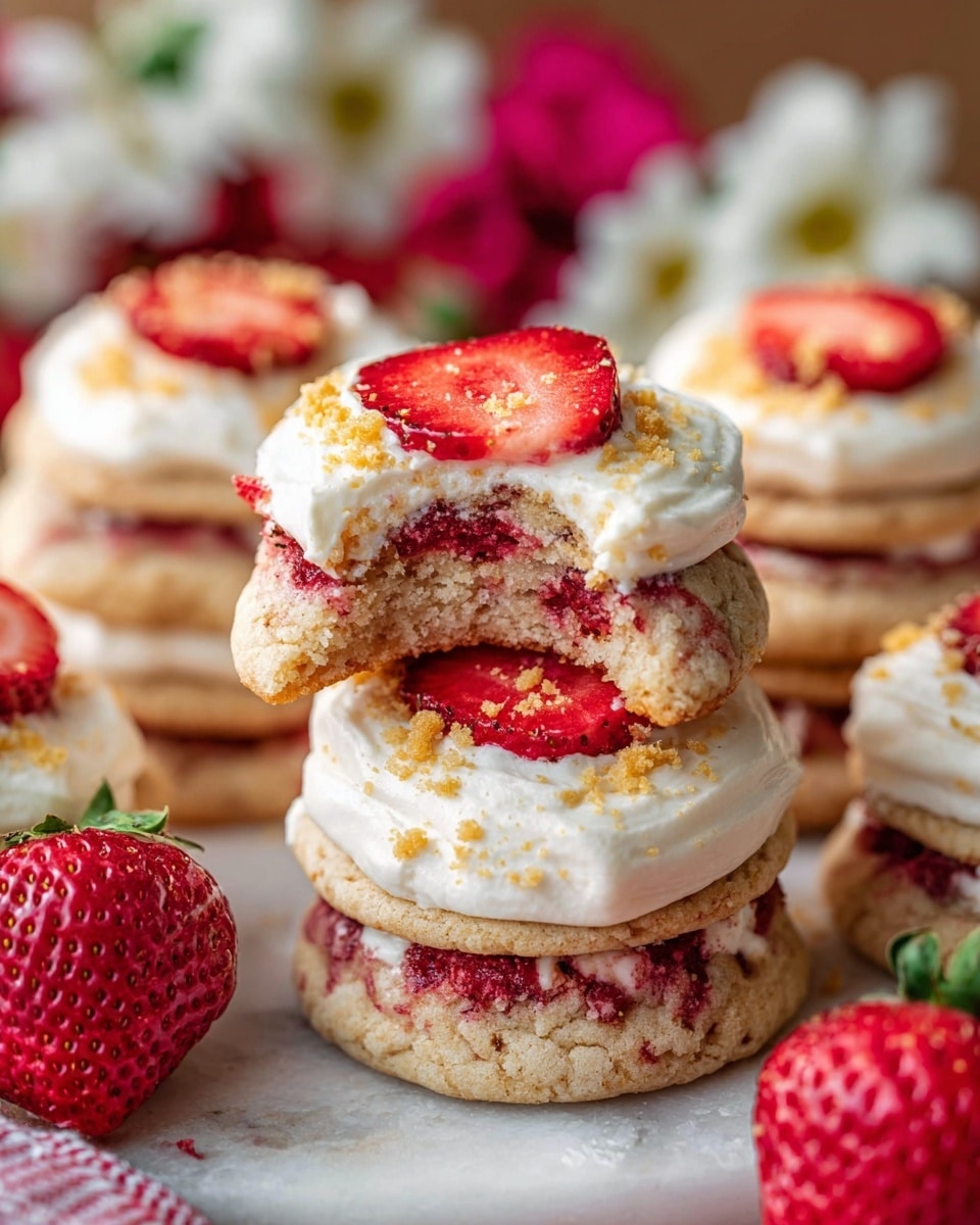 The image shows several stacked strawberry cookies on a white marbled surface. Each cookie has three visible layers: a thick, light brown base with bits of red strawberry mixed inside, a middle layer of creamy white frosting topped with a fresh strawberry slice, and a top layer of fluffy white frosting sprinkled with golden crumbles and another strawberry slice. One cookie at the center has a bite taken out, revealing the soft texture inside and a strawberry slice in the middle layer. Fresh whole strawberries and blurred white flowers in the background add vibrant red and soft white colors to the scene. Photo taken with an iphone --ar 4:5 --v 7