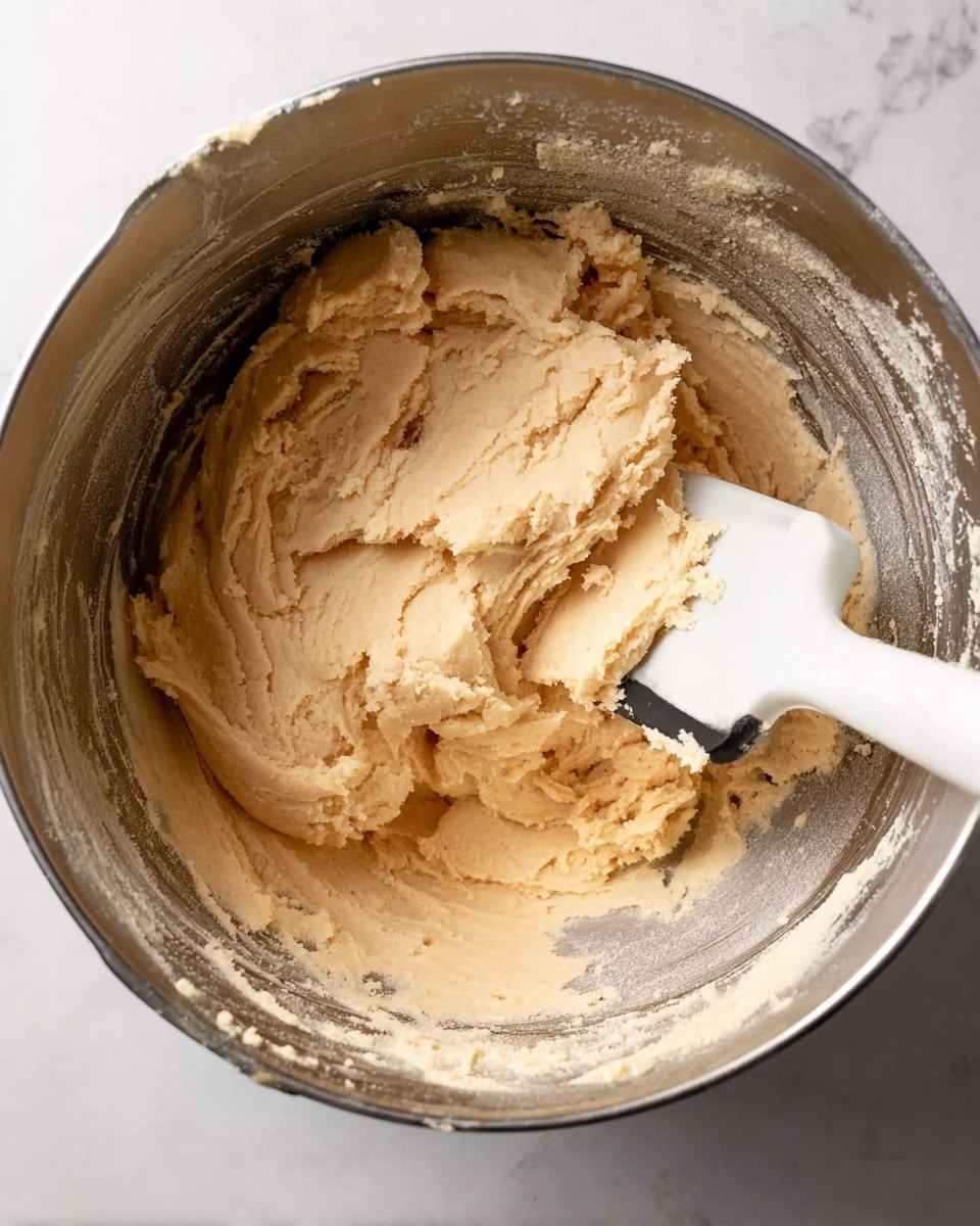 A close-up view of a metal mixing bowl with light beige cookie dough inside. The dough has a smooth, thick texture and is spread unevenly along the sides of the bowl, showing areas where it has been scraped. Inside the bowl, a white spatula with dough on its flat side rests partly buried in the mixture. The bowl is placed on a white marbled surface, with some dough residues on the bowl rim. The lighting is soft and natural, highlighting the creamy texture of the dough photo taken with an iphone --ar 4:5 --v 7