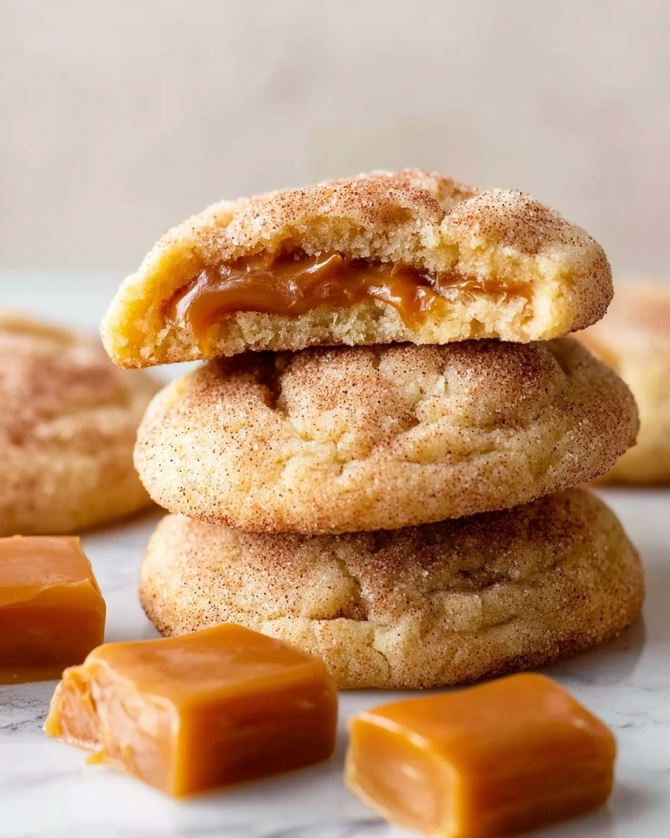 The image shows a stack of three soft cookies on a white marbled surface. The cookies are light golden brown with a slightly rough texture and a dusting of cinnamon sugar on top. The top cookie is partly eaten, revealing a thick, smooth caramel filling inside. Two caramel squares with a shiny surface are placed next to the cookie stack, adding a rich amber color to the scene. The overall look is warm and inviting with a mix of soft and sticky textures. Photo taken with an iphone --ar 4:5 --v 7