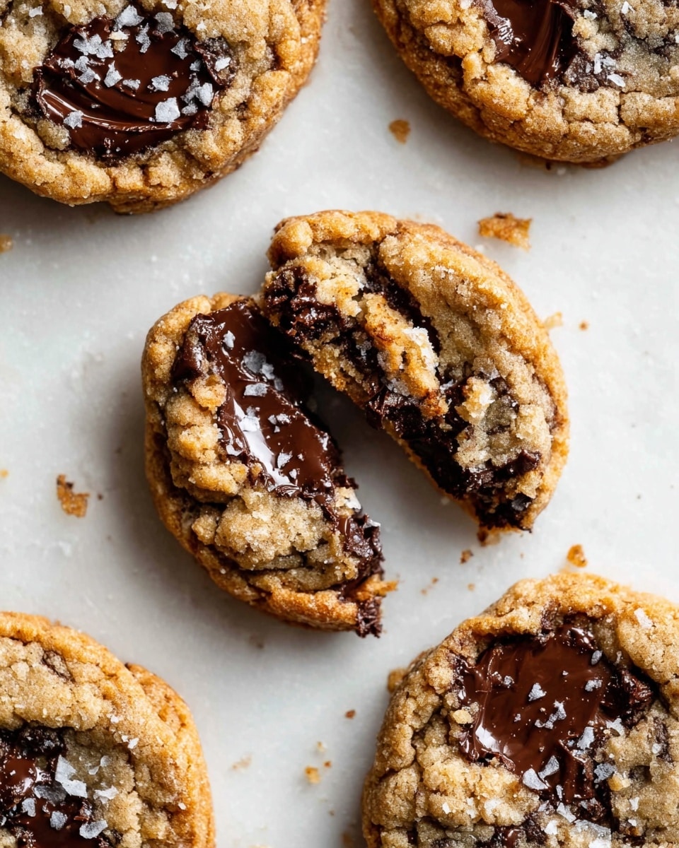 The image shows four round cookies with a golden-brown color and rough, crumbly texture. Each cookie is filled with melted dark chocolate, visible as shiny, smooth, and slightly flowing areas in the center and edges. One cookie is broken in half, showing the thick, rich chocolate inside and the soft, chewy cookie layers. Some small white flakes are scattered on the cookie surfaces and the white marbled background. The scene is close-up and bright, highlighting the contrast between the warm cookie dough and the dark chocolate. photo taken with an iphone --ar 4:5 --v 7