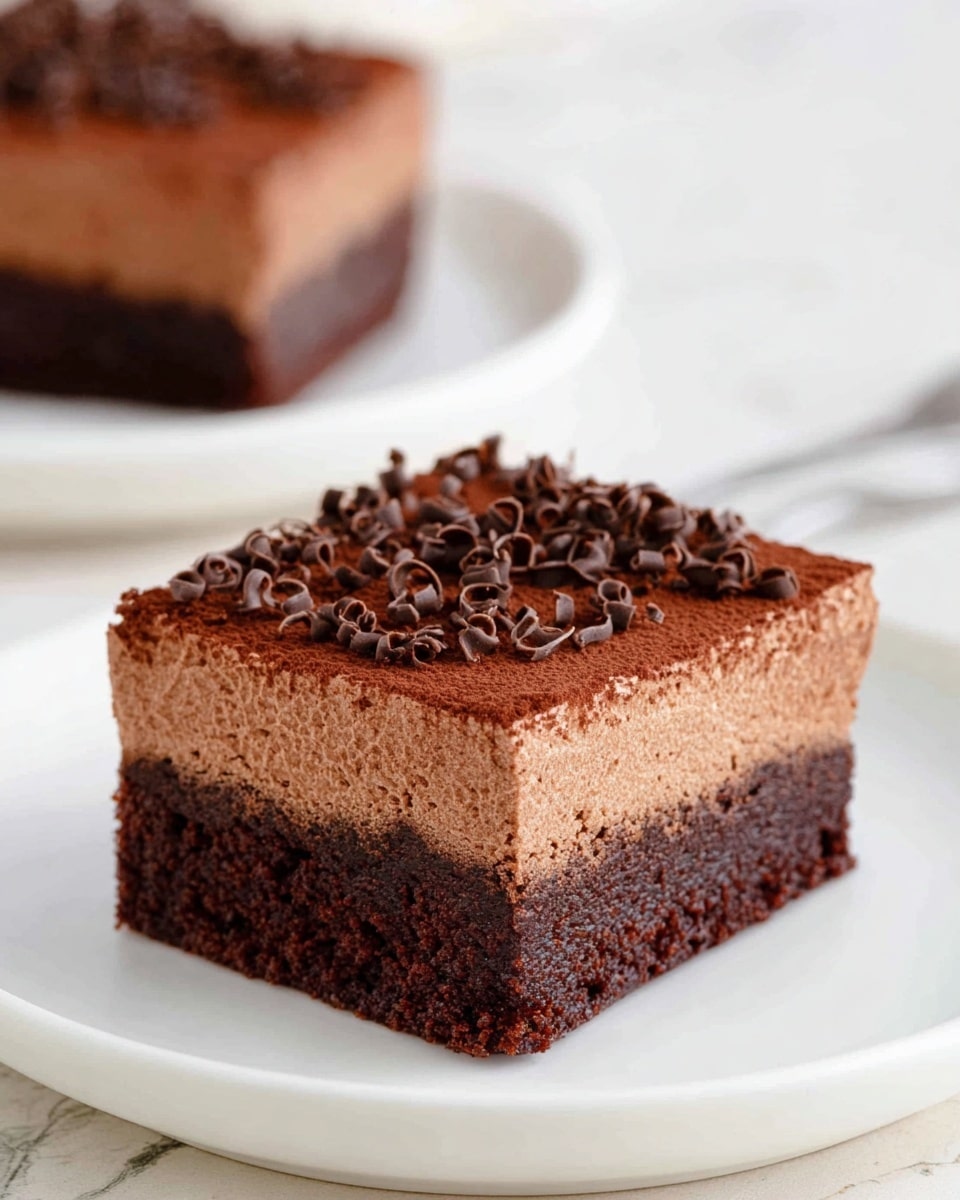 The image shows a square chocolate dessert with two layers on a white plate, placed on a white marbled surface. The bottom layer is dark brown, dense, and moist with a slightly rough texture, while the top layer is lighter brown and smooth with a fluffy, creamy texture. The top is decorated with small chocolate curls scattered evenly. In the background, another piece of the dessert is partially visible on a white plate. The lighting is soft, highlighting the rich textures and colors of the dessert. Photo taken with an iphone --ar 4:5 --v 7