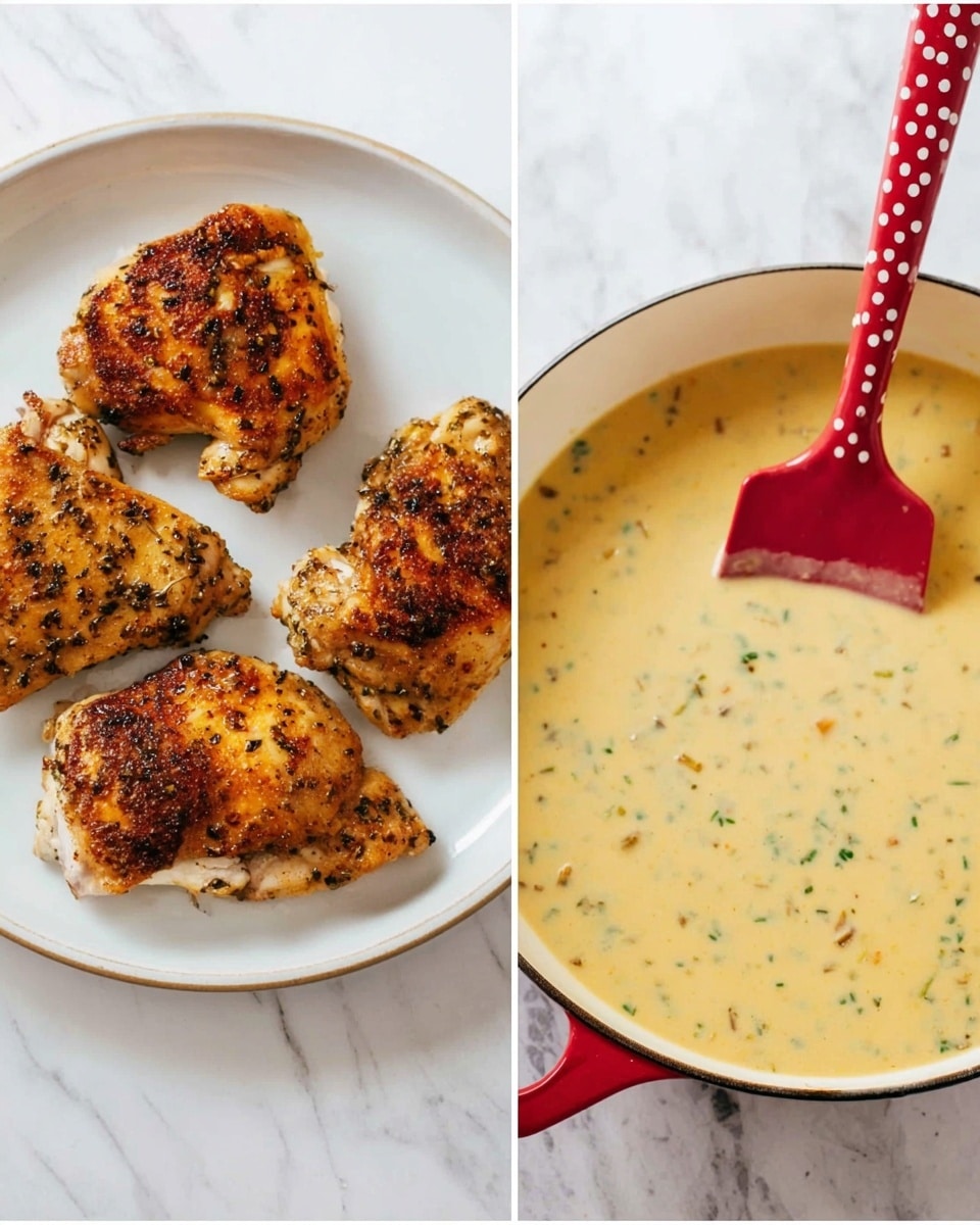 On the left, there is a white plate with four pieces of cooked chicken with a golden brown color and specks of black pepper and herbs, showing a slightly crispy texture. On the right, there is a white pan filled with creamy yellow sauce with small green herbs mixed in, and a red spatula with white polka dots resting in the sauce. Both dishes are placed on a white marbled surface photo taken with an iphone --ar 4:5 --v 7
