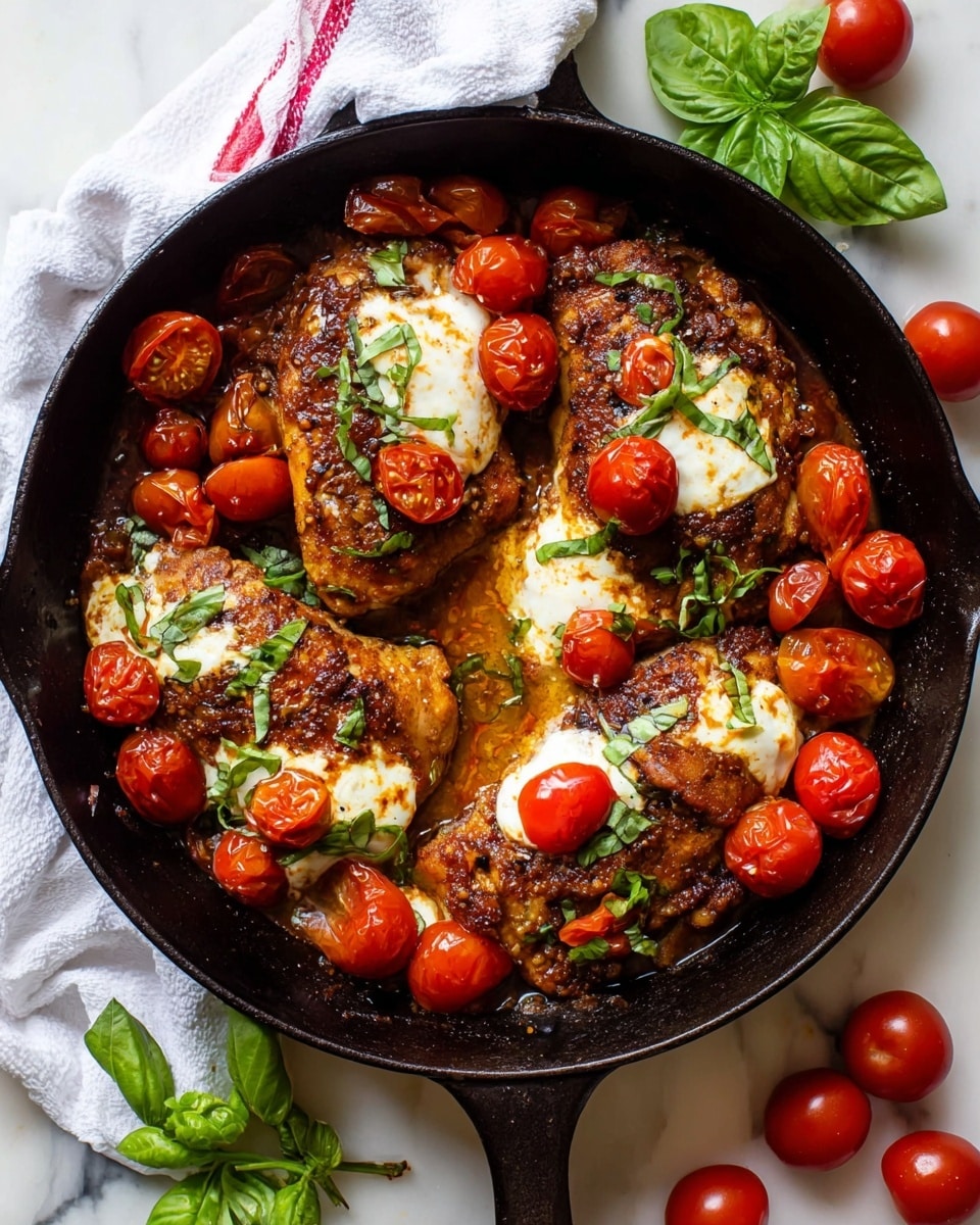 A black cast iron pan holds four cooked chicken pieces with a rich brown color and some white melted cheese on top. Scattered over and around the chicken are bright red cherry tomatoes, some whole and some halved. Fresh green basil leaves are placed on and around the chicken and tomatoes, adding a pop of green. The pan is set on a white marbled surface with a white cloth that has a red stripe near the handle. Nearby are whole cherry tomatoes and fresh basil leaves. The overall dish looks warm, cooked in a sauce that glistens lightly on the chicken and vegetables. photo taken with an iphone --ar 4:5 --v 7