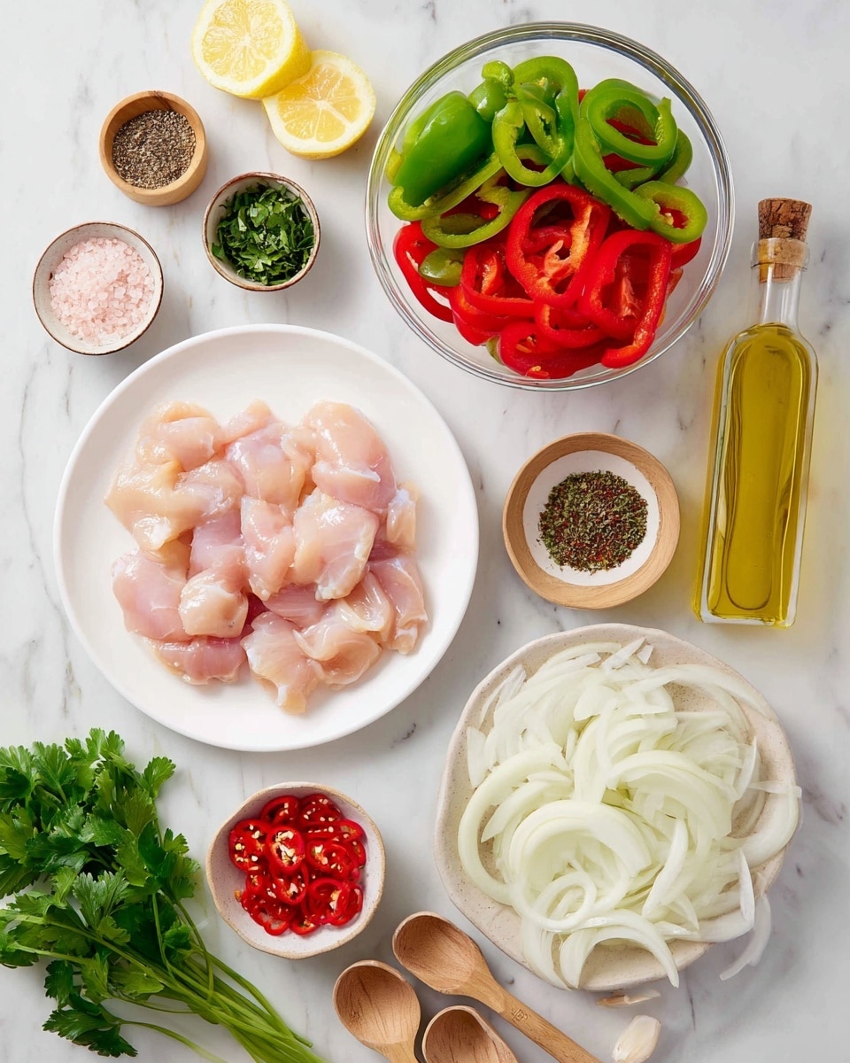 The image shows a white plate with several raw chicken pieces that are pale pink and smooth in texture at the center. Above it, a clear glass bowl holds sliced green and red bell peppers, with rough edges and bright colors. To the bottom right, a white bowl filled with thinly sliced white onions that have a slightly translucent quality is visible. Around these main items, there are small containers of spices and seasonings, including pink salt in a wooden bowl, black pepper in a small clear bowl, and a mix of green herbs in a small round container. A bunch of fresh green parsley is placed at the bottom left, along with a small glass bowl of finely chopped red chili peppers. Two lemon halves are placed on the white marble surface near the top left, and next to them, two garlic cloves rest on a small round wooden dish. A tall, slender glass bottle filled with yellow olive oil is positioned vertically on the right. Several wooden measuring spoons with different colored spices are also seen arranged neatly on the white marble surface. photo taken with an iphone --ar 4:5 --v 7