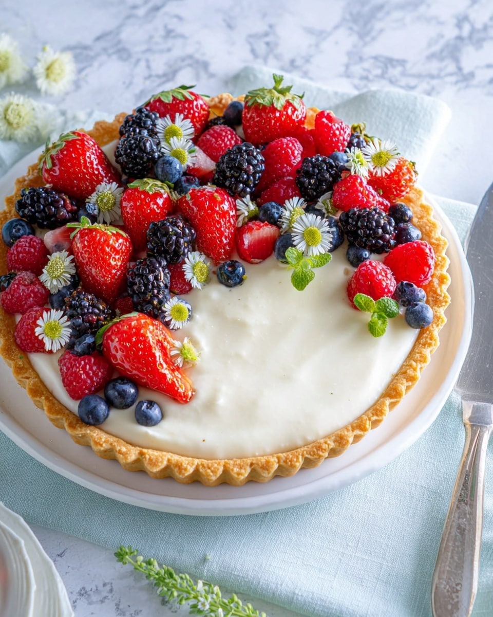 The image shows a tart with three main layers. The bottom layer is a golden brown crust with a crumbly texture and scalloped edges. Above that is a thick, smooth white cream layer that fills the tart evenly. On top, fresh fruit is arranged in a semi-circle around the edge. The fruits include bright red strawberries with green leaves, red raspberries, dark blackberries, and deep blue blueberries. Small white daisy-like flowers with yellow centers and some green herb sprigs are placed among the fruits for decoration. The tart sits on a white plate, on a pale blue cloth over a white marbled surface. A silver knife is placed nearby, and the photo is taken from above. photo taken with an iphone --ar 4:5 --v 7