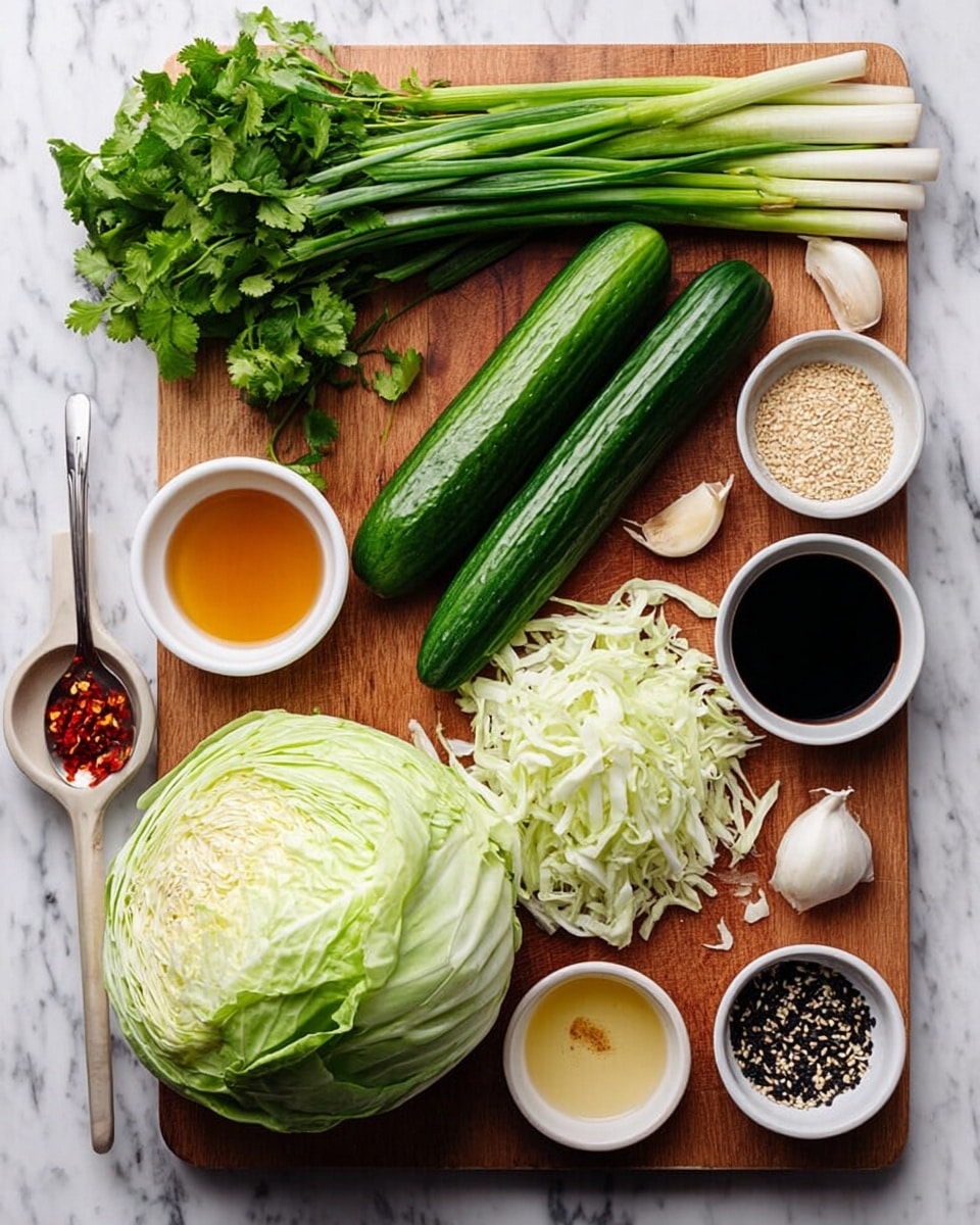 A wooden board on a white marbled surface holds fresh ingredients arranged neatly. In the center is a whole light green cabbage with a portion sliced into thin shredded layers next to it. A long dark green cucumber and five long green onions lie parallel to each other above the cabbage. To the left, there is a bunch of green cilantro. Around the board, small white bowls contain different sauces and spices: honey-colored liquid, light brown sauce, pale oil, dark soy sauce, a white powder, minced garlic, and a mix of black and white sesame seeds. There are also two garlic cloves and a spoonful of red chili flakes near the bottom right corner. Photo taken with an iphone --ar 4:5 --v 7
