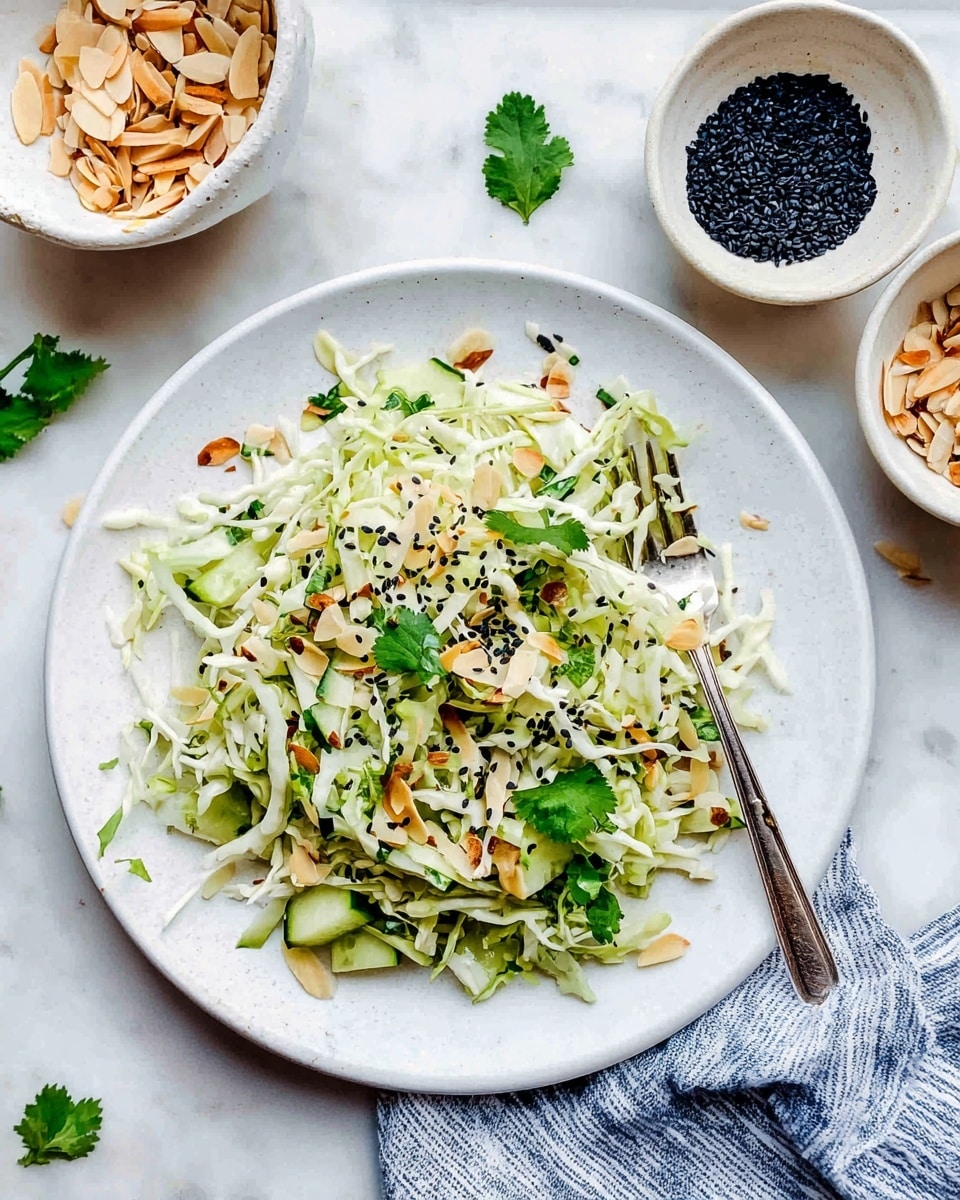 A white plate sits on a white marbled surface filled with a salad made of thin shredded pale green cabbage and light green cucumber slices mixed with small green onion pieces. On top, there are toasted almond slices in light brown, black and white sesame seeds, and scattered bright green coriander leaves. Next to the plate are two small white bowls, one filled with toasted almond slices and the other with a mix of black and white sesame seeds. A fork rests partially in the salad, and a striped blue and white cloth is at the bottom right corner of the image. photo taken with an iphone --ar 4:5 --v 7
