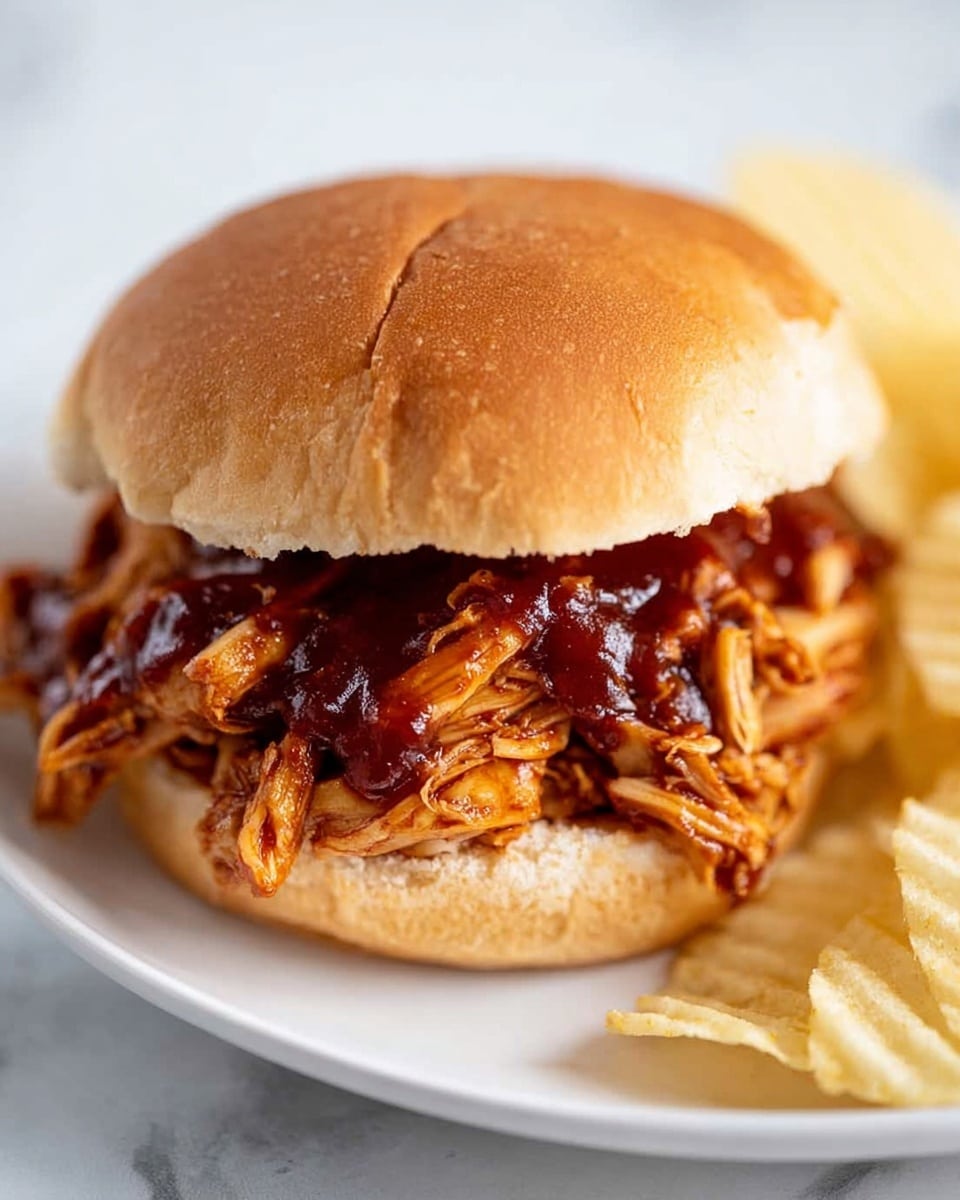 A close-up view of a pulled chicken sandwich with three main layers: a soft, light brown toasted bun on top; a thick middle layer of shredded chicken covered in a shiny, dark reddish-brown barbecue sauce with visible strands and texture; and a matching soft bottom bun, all placed on a white plate with a few ridged light yellow potato chips on the side, set on a white marbled surface photo taken with an iphone --ar 4:5 --v 7