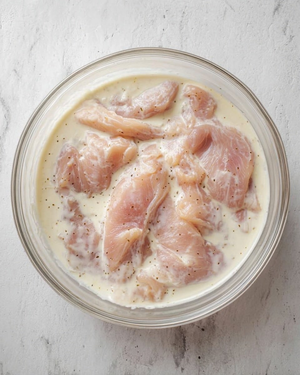 A clear glass bowl filled with several light pink raw chicken pieces covered in a creamy white marinade with tiny black specks. The bowl is placed on a white marbled surface. The creamy marinade looks smooth and thick, partially covering the chicken slices evenly. photo taken with an iphone --ar 4:5 --v 7
