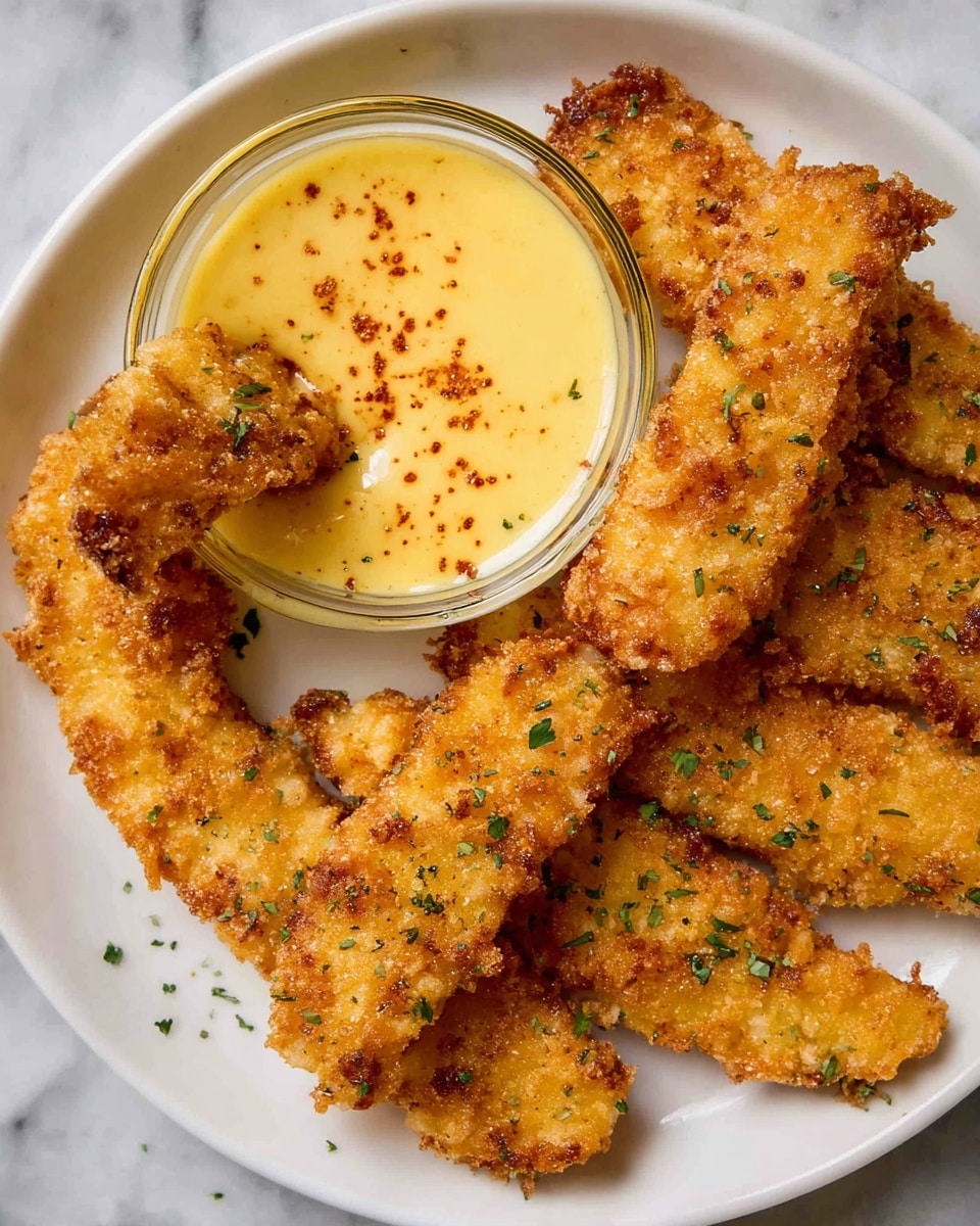 A white plate with six golden brown crispy fried strips arranged around a small round glass bowl filled with creamy yellow dipping sauce sprinkled with a red spice on top. The fried strips have a crunchy texture with some green herb bits scattered on them, giving a fresh touch. One strip is dipped partially into the sauce, showing the thick and smooth sauce texture. The background is a white marbled surface. photo taken with an iphone --ar 4:5 --v 7