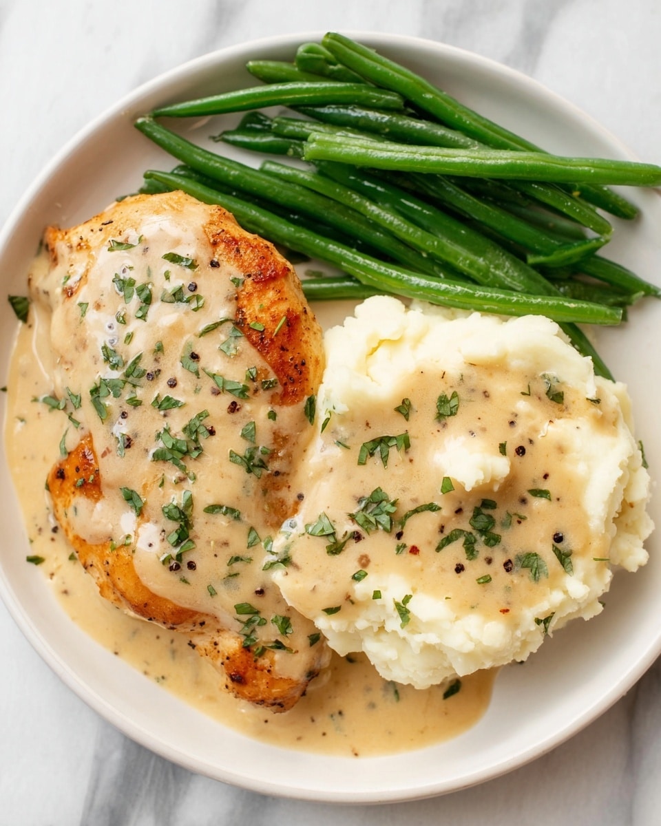 A white plate holds a meal with three parts: bright green beans on the left side, creamy mashed potatoes at the bottom, and a golden brown cooked piece of chicken on the right. The mashed potatoes and chicken are both covered by a light beige sauce with green herb pieces and black pepper sprinkled on top. The sauce looks smooth and creamy, lightly flowing between the mashed potatoes and chicken, while the green beans are plain and neatly arranged. The plate rests on a white marbled surface. Photo taken with an iphone --ar 4:5 --v 7