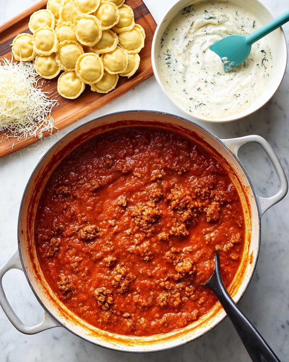 A large white pan with black handles is filled with thick red tomato sauce with small ground meat pieces mixed in, and a black spoon resting inside the sauce on the right side. Above the pan on a white marbled surface, there is a white bowl filled with a creamy white sauce with green herbs mixed in, and a turquoise spatula sitting inside the bowl. To the left, there is a wooden board holding a pile of round, pale yellow ravioli with a slightly shiny texture, and some shredded white cheese on the far left side of the board. Photo taken with an iphone --ar 4:5 --v 7