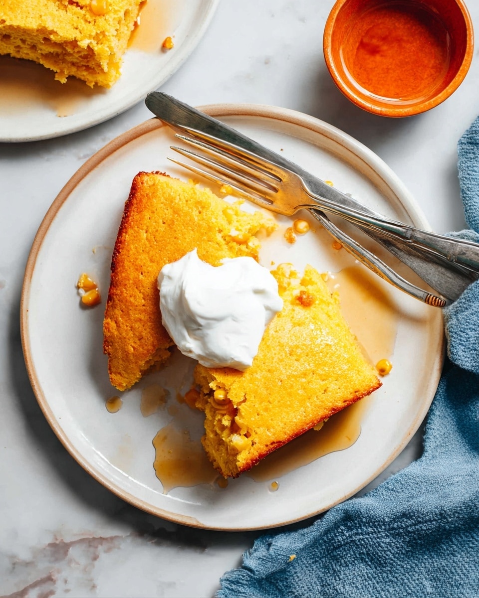 A white plate holds two pieces of yellow cornbread with a golden brown crust on the bottom. The cornbread pieces are soft and slightly crumbly, with a few small corn kernels visible inside. A dollop of white whipped topping rests on top of one piece. A silver fork and knife lay on the plate beside the cornbread. The plate sits on a white marbled surface with a small orange-brown bowl of honey and a blue cloth napkin nearby. photo taken with an iphone --ar 4:5 --v 7