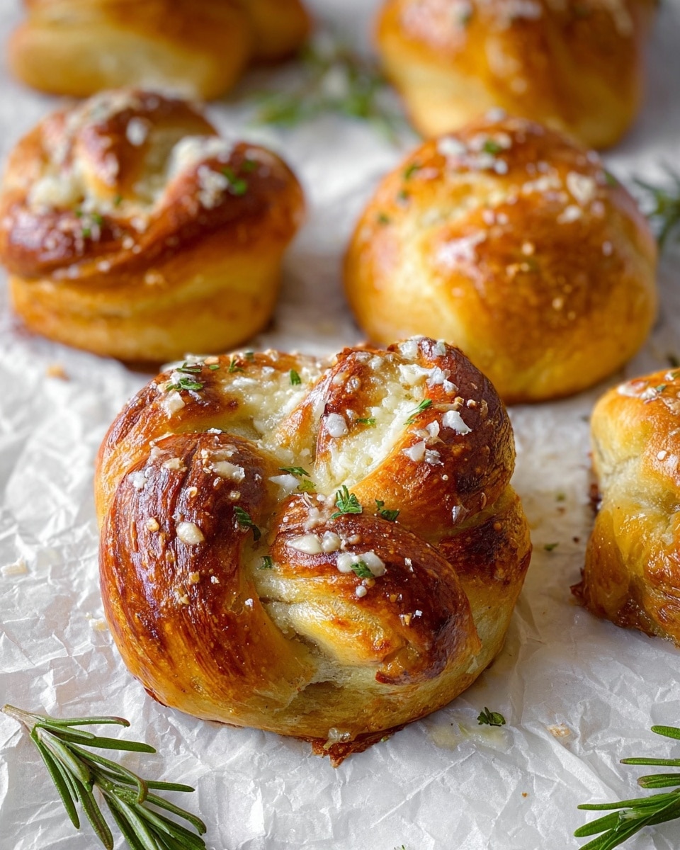 The image shows a close-up of golden brown bread rolls on white crumpled baking paper, placed on a white marbled surface. The largest bread roll in the center is twisted with visible layers of shiny, browned crust and soft, creamy interior, sprinkled lightly with white grated cheese and tiny green herb bits. Surrounding it are smaller round rolls with the same golden texture and white cheese topping. A few sprigs of fresh green rosemary lie scattered among the rolls, adding a touch of color and freshness. photo taken with an iphone --ar 4:5 --v 7