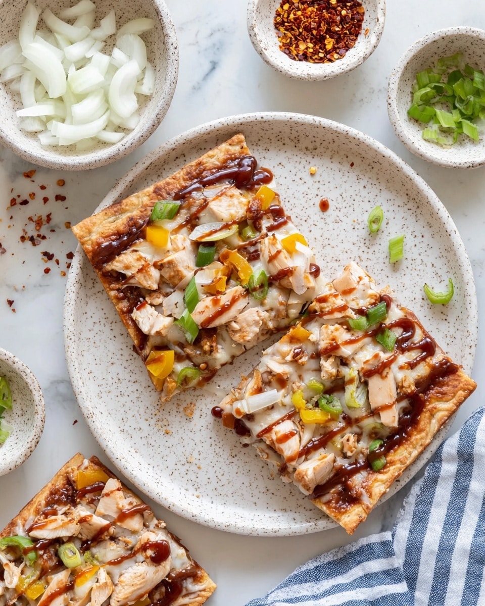 The image shows two square slices of flatbread pizza on a large white speckled plate, both topped with a dark reddish-brown barbecue sauce spread thinly on the flatbread crust. The first layer is melted white cheese covering most of the sauce. On top, there are chunks of light beige cooked chicken, slices of white onion, and small pieces of yellow bell pepper. There are scattered green chopped onion slices sprinkled over the top, along with a drizzle of barbecue sauce. To the left, there are two small white speckled bowls, one with white onion slices and the other with red chili flakes. The background is a white marbled texture with a striped blue and white cloth visible on the right side. Photo taken with an iphone --ar 4:5 --v 7