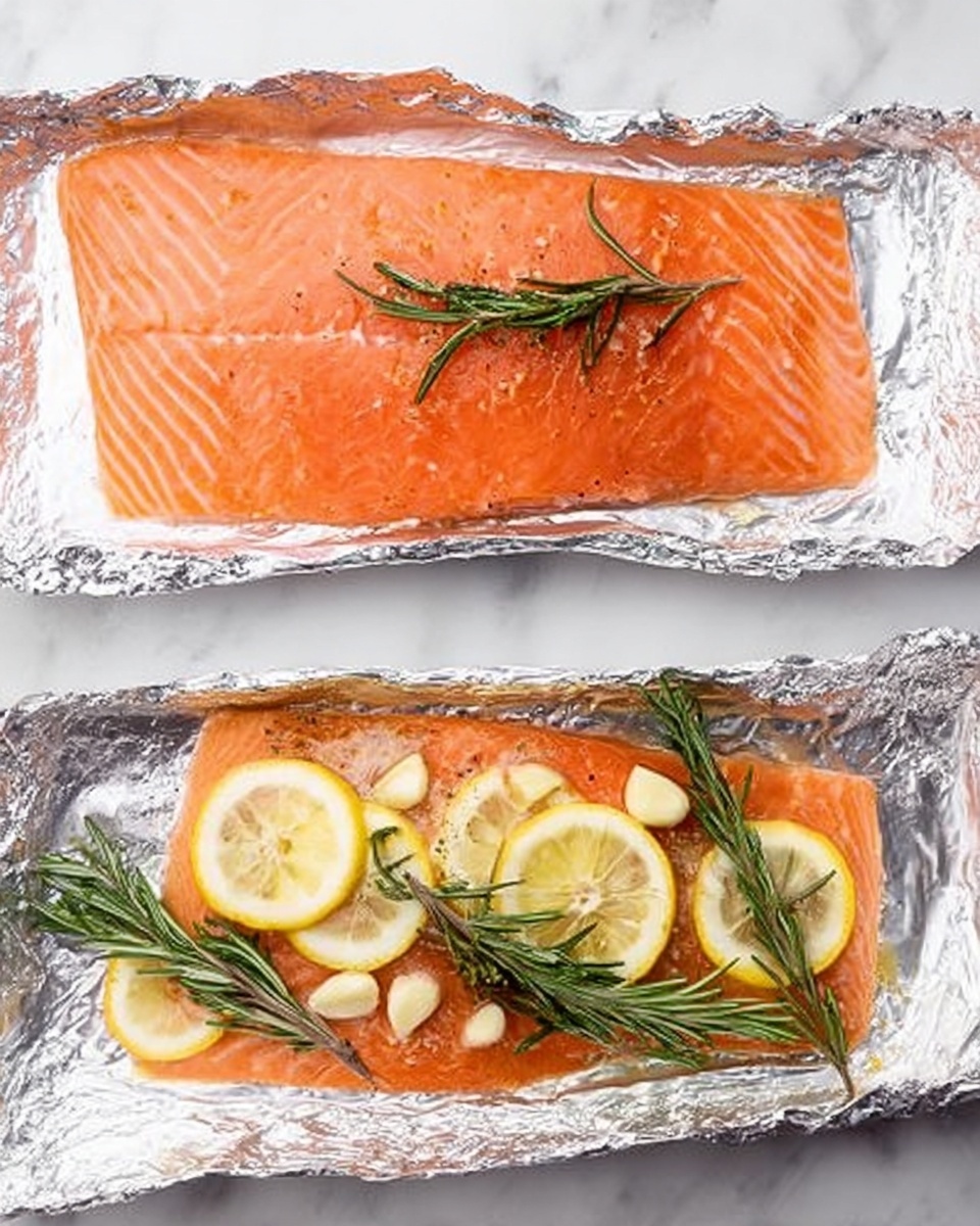 The image shows two foil sheets on a white marbled surface. On the left foil sheet, there is a single large piece of raw salmon with a smooth, shiny orange surface with subtle white lines across it. On the right foil sheet, a similar piece of salmon is topped with small slices of yellow lemon arranged evenly over the surface, along with small pieces of light beige garlic scattered around. There are also sprigs of fresh green rosemary placed on top of the salmon, adding a textured, leafy layer. The foil underneath is slightly crinkled around the edges. photo taken with an iphone --ar 4:5 --v 7