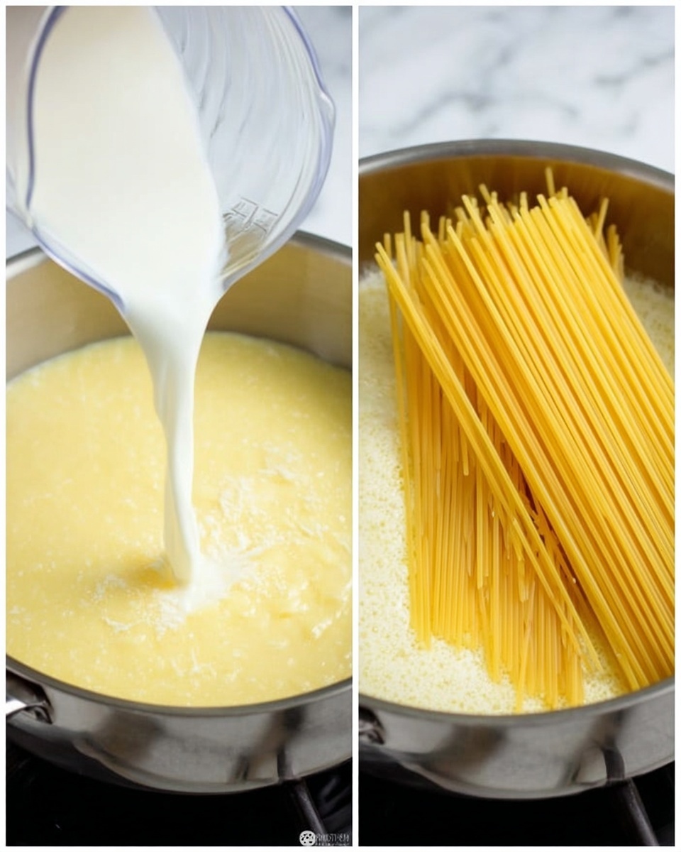 The image shows two photos side by side of a cooking pan on a stove with a white marbled background. In the left photo, white liquid is being poured from a transparent container into a pan filled with a creamy yellow mixture that looks smooth and thick. In the right photo, uncooked long yellow pasta sticks are placed into the creamy yellow mixture inside the same pan, with the pasta fanned out and resting on the edge. The pan is metallic silver with a shiny surface. Photo taken with an iphone --ar 4:5 --v 7