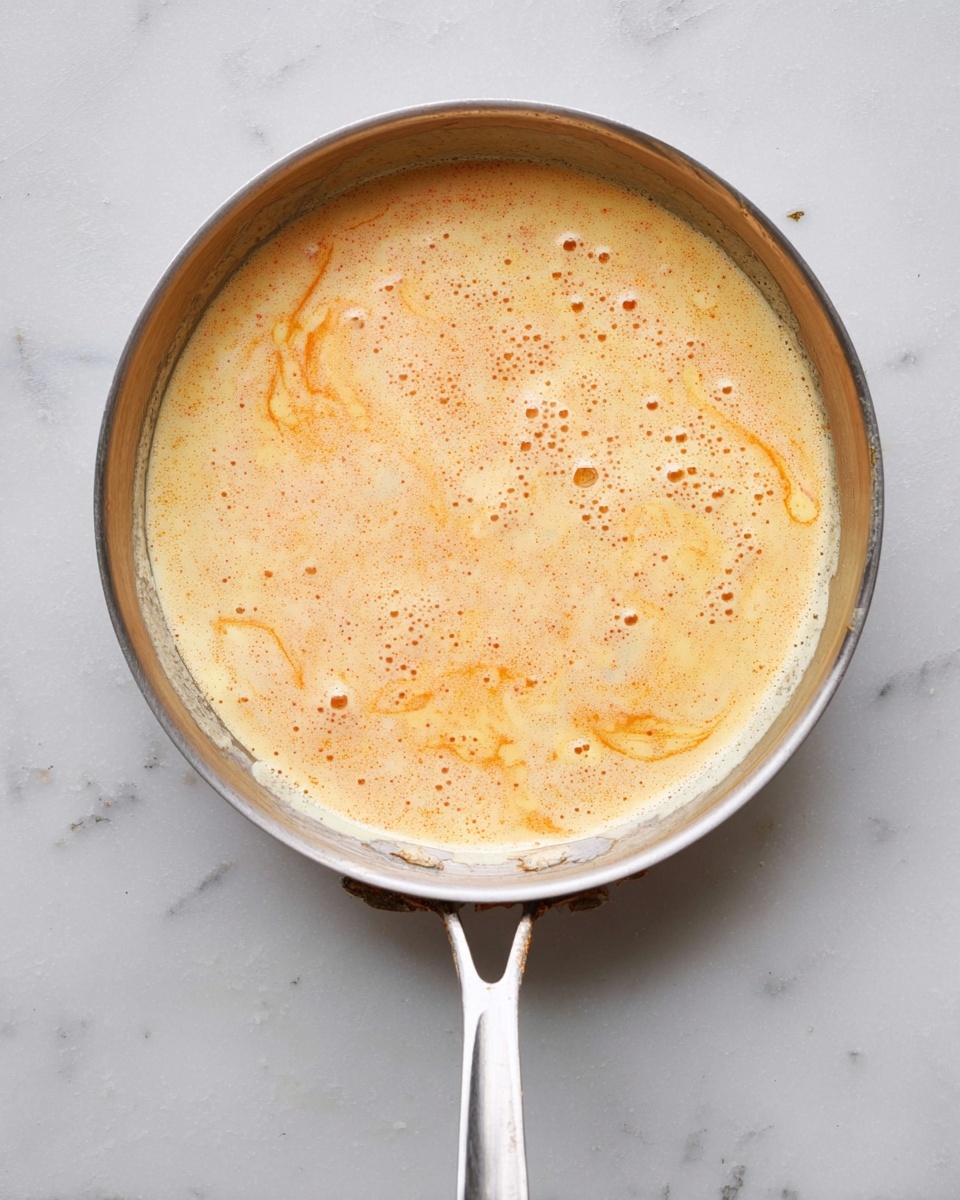 A silver metal pan with a long handle is shown from the top, holding a creamy sauce that has a smooth texture with light swirls of orange and pale yellow. The sauce fills most of the pan’s surface, with small bubbles and slight froth around the edges, giving it a warm and fresh look. The pan rests on a white marbled surface. photo taken with an iphone --ar 4:5 --v 7