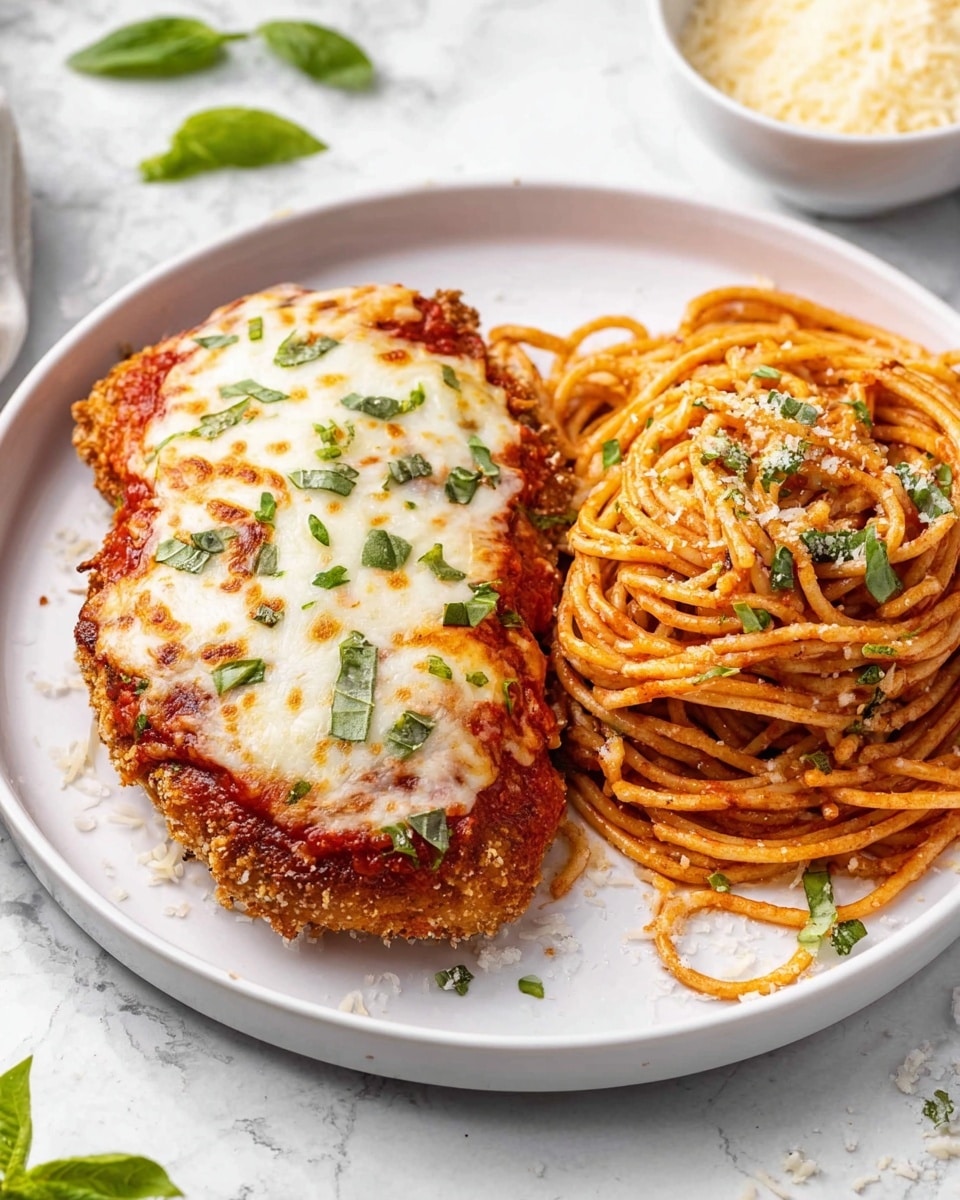 On a white plate, there is a layered chicken Parmesan and spaghetti dish. On the left side, the chicken Parmesan has a bottom layer of crispy golden brown breaded chicken, topped with a bright red tomato sauce. On top of the sauce is a thick layer of melted white mozzarella cheese sprinkled with small green basil pieces. On the right side, there is a pile of spaghetti noodles coated with tomato sauce in a rich orange-red color, garnished with small green basil pieces and a light dusting of grated cheese. The plate is placed on a white marbled surface, with a bowl of grated cheese and a few fresh basil leaves nearby. Photo taken with an iphone --ar 4:5 --v 7