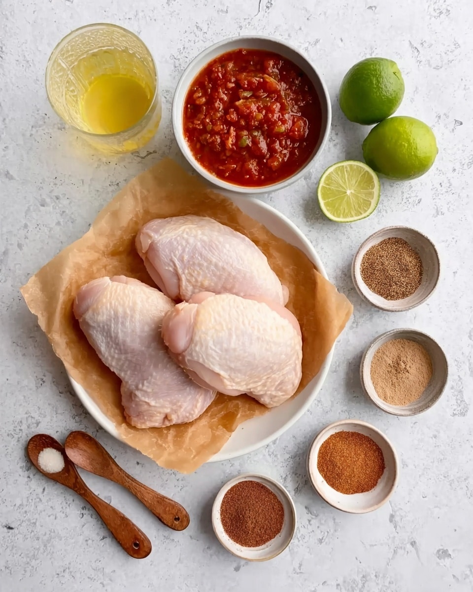 The image shows three raw chicken pieces placed on a sheet of brown parchment paper in a white plate, positioned near the center. Above the plate is a white bowl filled with red salsa, its texture chunky. To the right of the bowl, there are two lime halves and one whole lime, all green in color. On the left side of the plate, there is a glass containing a yellow liquid. Surrounding the plate are five small white bowls and wooden spoons containing different powders and spices in colors like light brown, dark brown, and reddish. The whole scene is set on a white marbled surface. photo taken with an iphone --ar 4:5 --v 7