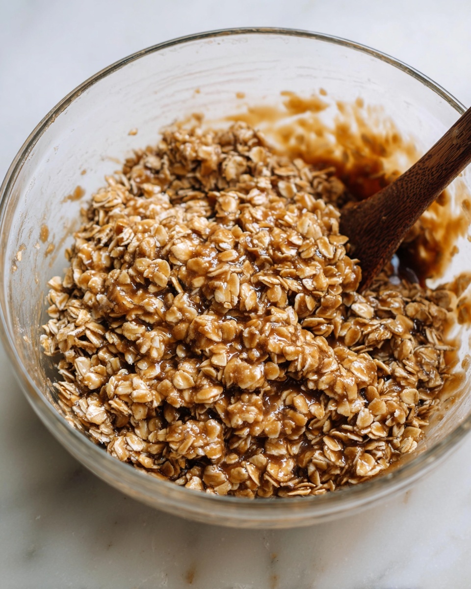 A clear glass bowl filled with a mixture of light brown rolled oats coated in a sticky, thick, caramel-colored syrup. The oats are densely packed and clumped together, showing a rough, textured surface. A dark wooden spoon is partially submerged on the right side, slightly stirring the mixture. The bowl sits on a white marbled surface with soft, natural lighting highlighting the shiny syrup on the oats. photo taken with an iphone --ar 4:5 --v 7